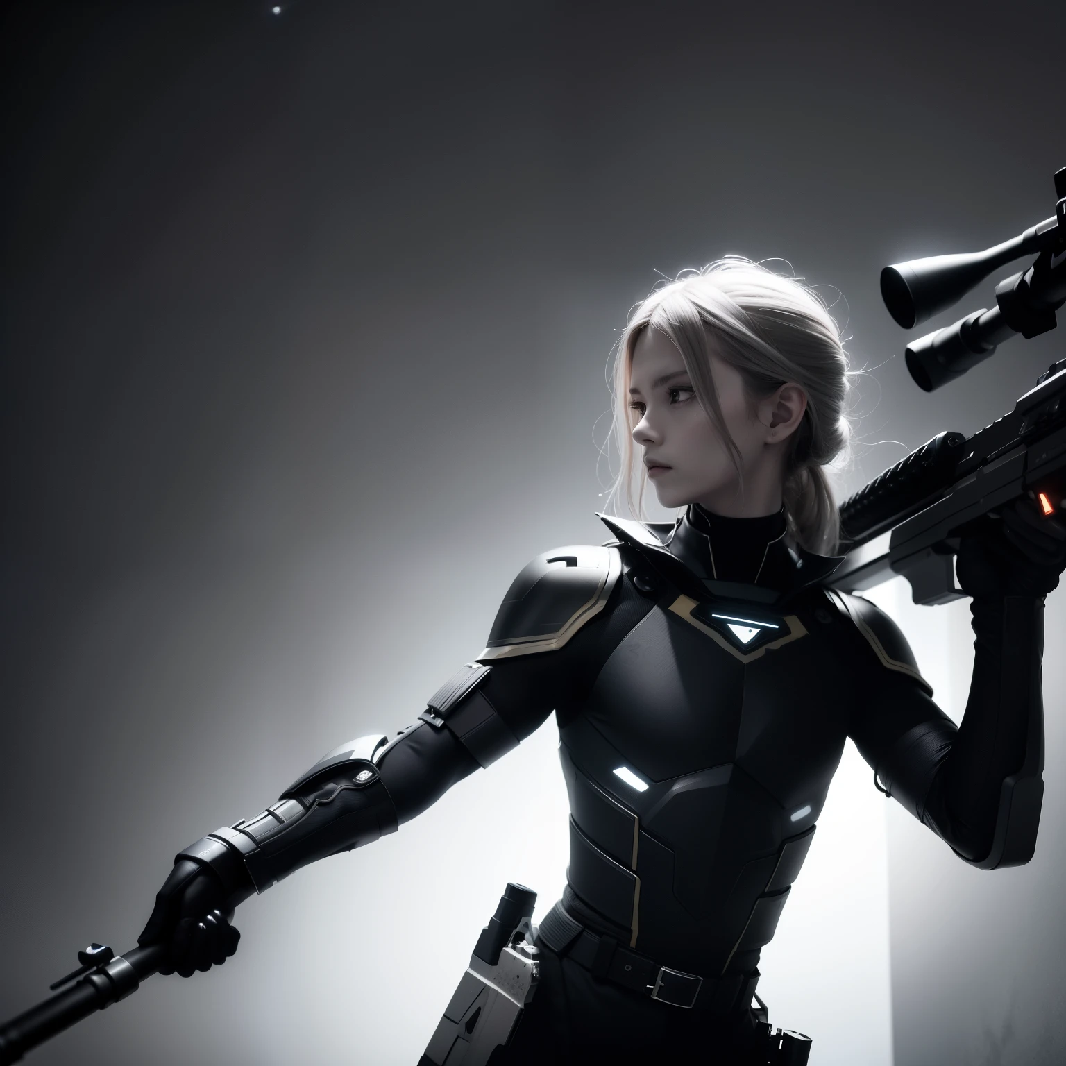 In the moonlit night, a sniper stands in a desolate landscape, holding a long-barreled weapon with utmost precision. The intricate details of the weapon glimmer under the full moon's ethereal glow, emphasizing its lethal power. The sniper's intense focus pierces through the darkness as their sharp eyes, framed by a face veiled in mystery, scan the surroundings. The dark gray room they are positioned in acts as the backdrop, amplifying the intensity and suspense of the scene. This expertly captured studio photo is a true masterpiece, showcasing the perfect fusion of art and realism. With its impeccable clarity and sharpness, this digital rendering resonates with the trends seen on artstation, leaving viewers captivated by the heightened king-like momentum