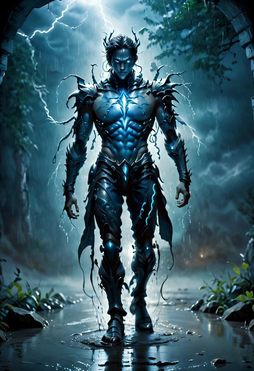 photo actual illustration of raziel holding the soul reaver , Put on a neck brace, (Stand in a puddle:1.4) night , (rain:1.2), (storm:1.3), wet, reflection in water , 史诗般的Light, Light, dark fantasy style , high resolution, (Detailed images:1), Crazy details, soft, (actual:1), full color, (3d:1), (Very detailed:1.2), masterpiece, 8K Ultra HD, the art of mathematics, Popular topics on Artstation