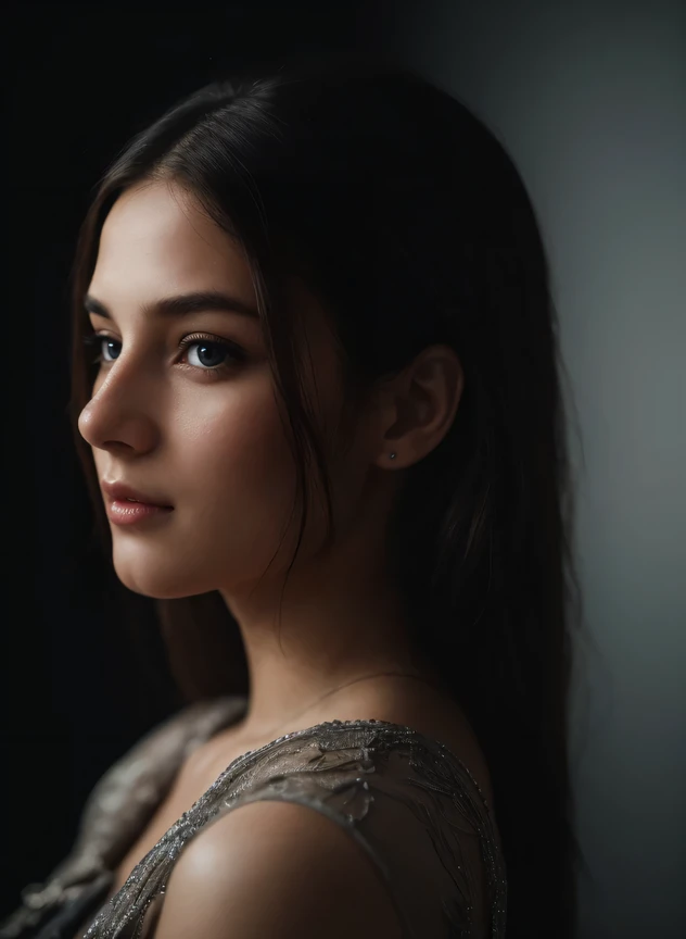 (close-up, editorial photograph of a 21-year-old woman), (highly detailed face:1.4) (smile:0.7) (background inside dark, moody, private study:1.3) POV, by Lee Jeffries, Nikon d850, film stock photograph ,4 Kodak Portra 400 , camera f1.6 lens , rich colors ,hyper-realistic ,lifelike texture, dramatic lighting, cine still 800, woman, wearing a fashion dress,side view, landscape, side picture,