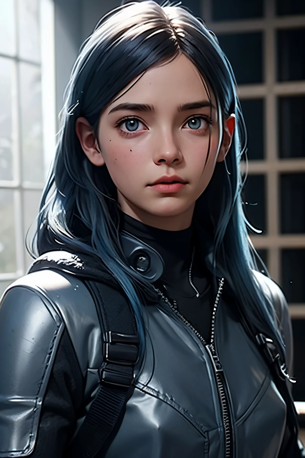 cute technician woman with long blue hair and narrow white eyes and a distinctive scar on her face in a gunmetal biker suit and an armored jacket