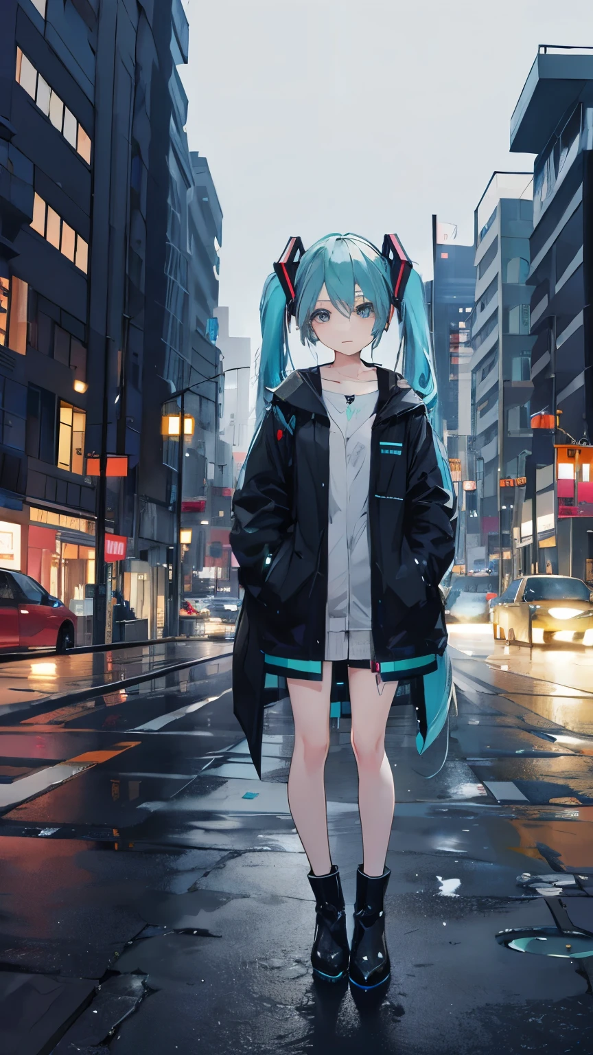 Hatsune Miku、City of night,rain,coat,put one's hand in one's pocket