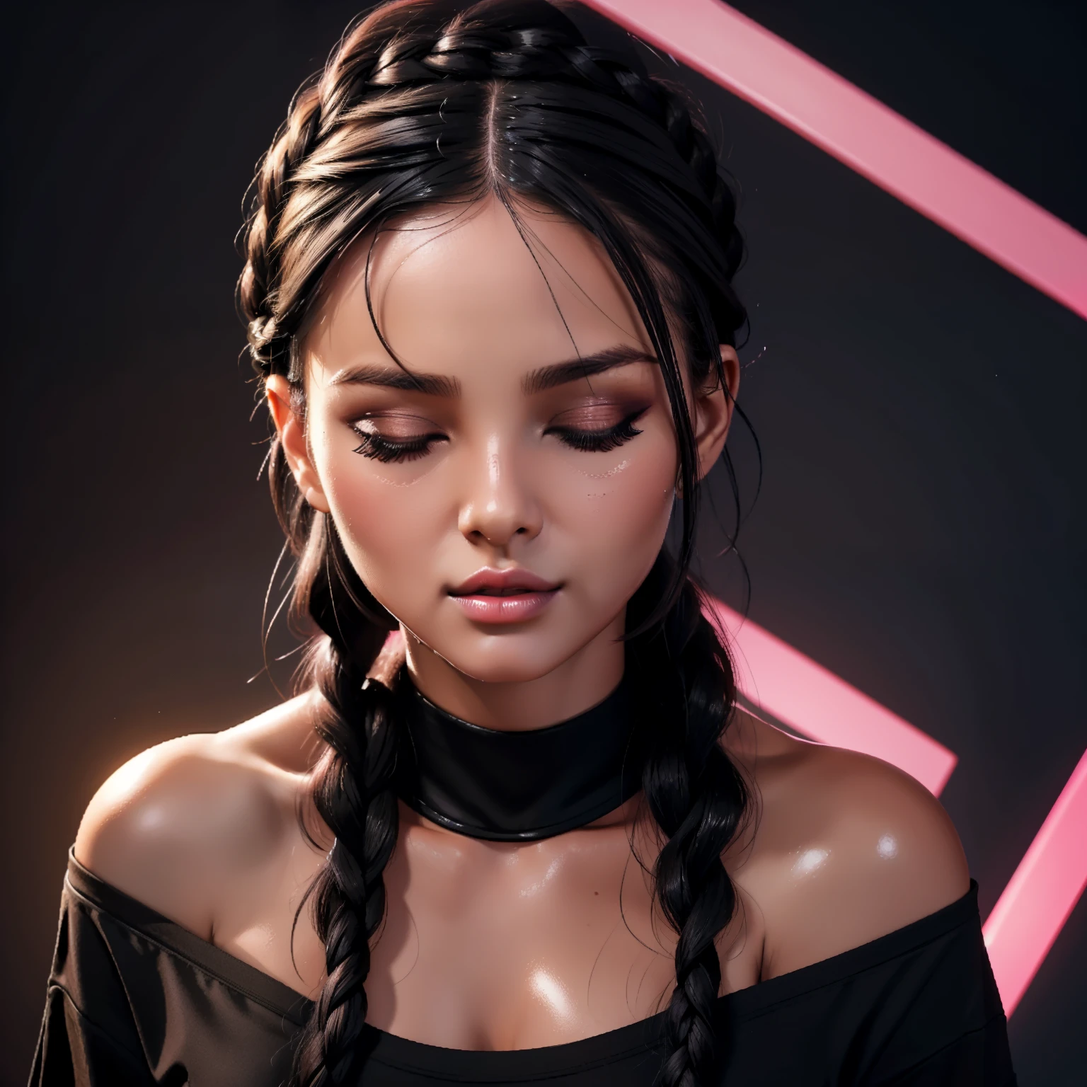 sexy woman, black braided hair, black t-shirt, close-up on face, eyes closed, glossy wet pink lips parted in a kiss, flawless glowing skin, long beautiful neck