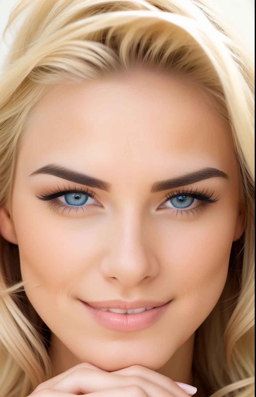 blonde with blue eyes and wearing a white sweatshirt smiling, relaxed brows, large brows, groomed brows, angular brows, white brows, thick brows, small brows, straight brows, wild brows, full face, frontally in the center, big brows, heavy brows, Close up of face, thin brows, natural straight brows, face close up, delicate brows, brows