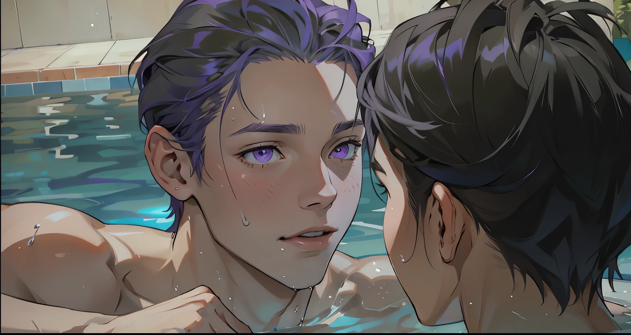 There are two 16 year old boys in a pool talking nearby purple hair and silver hair