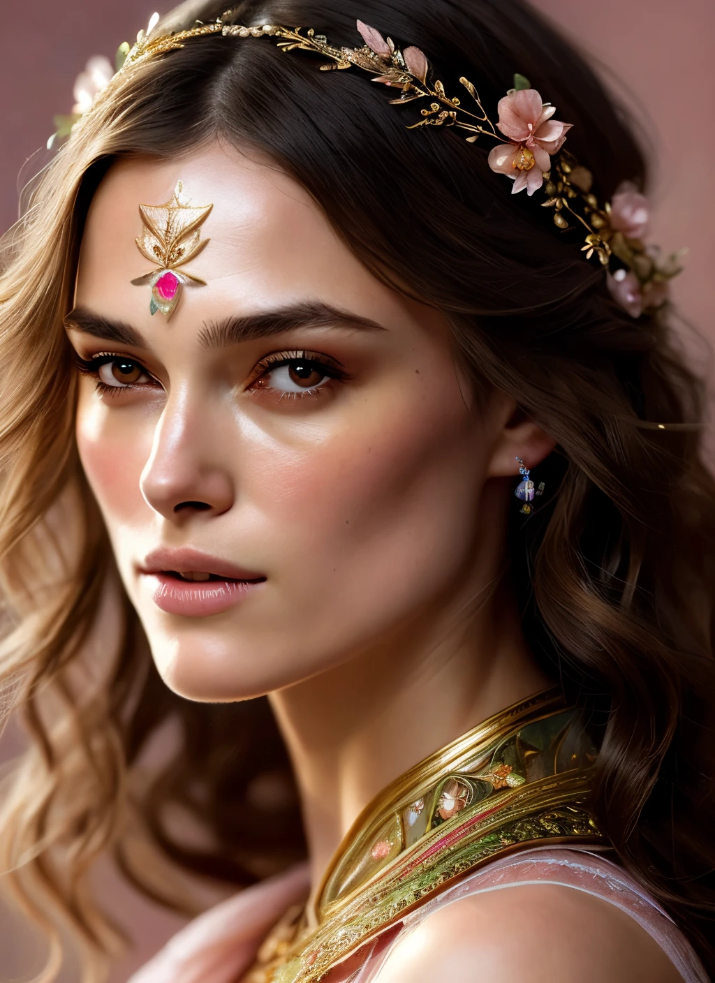 Looks like Keira Knightley , (symmetry:1.1) (portrait of floral:1.05) a woman as a beautiful goddess, (assassins creed style:0.8), pink and gold and opal color scheme, beautiful intricate filegrid facepaint, intricate, elegant, highly detailed, digital painting, artstation, concept art, smooth, sharp focus, illustration, art by greg rutkowski and alphonse mucha, 8k
