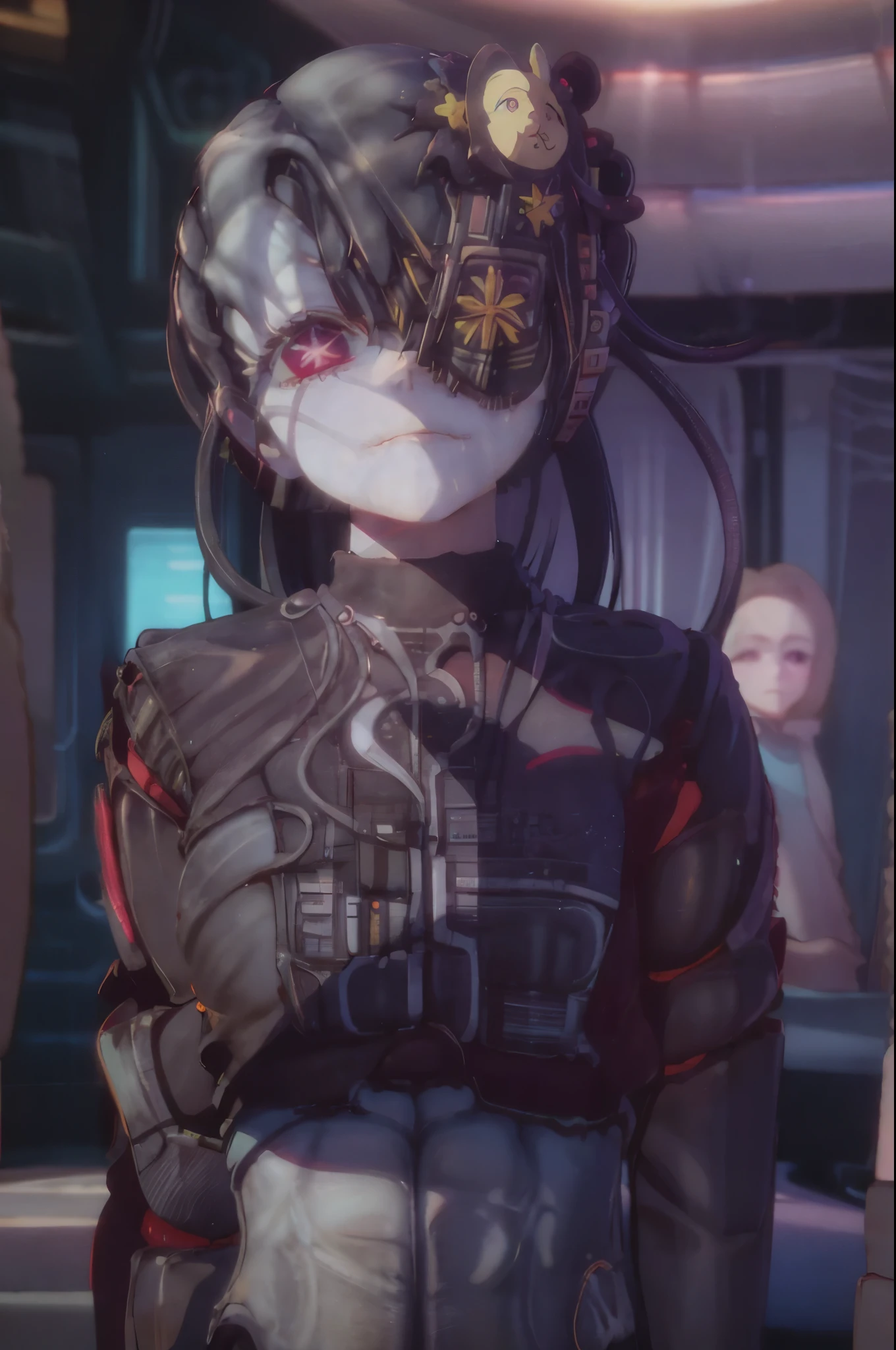  Hoshino Ai, long hair, purple hair, streaked hair ,purple eyes, star-shaped pupils, hair ornament borg
cyborg
bald
gray skin
veins
metal armor
cable
eyepatch deadpan expression 