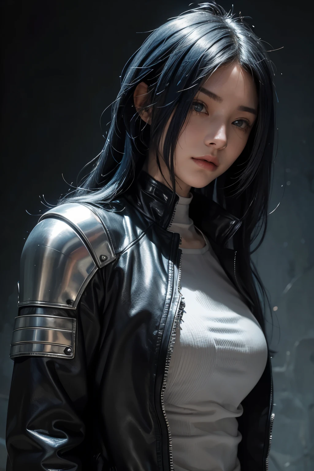 cute technician woman with long blue hair and narrow white eyes and a distinctive scar on her face in a gunmetal biker suit and an armored jacket