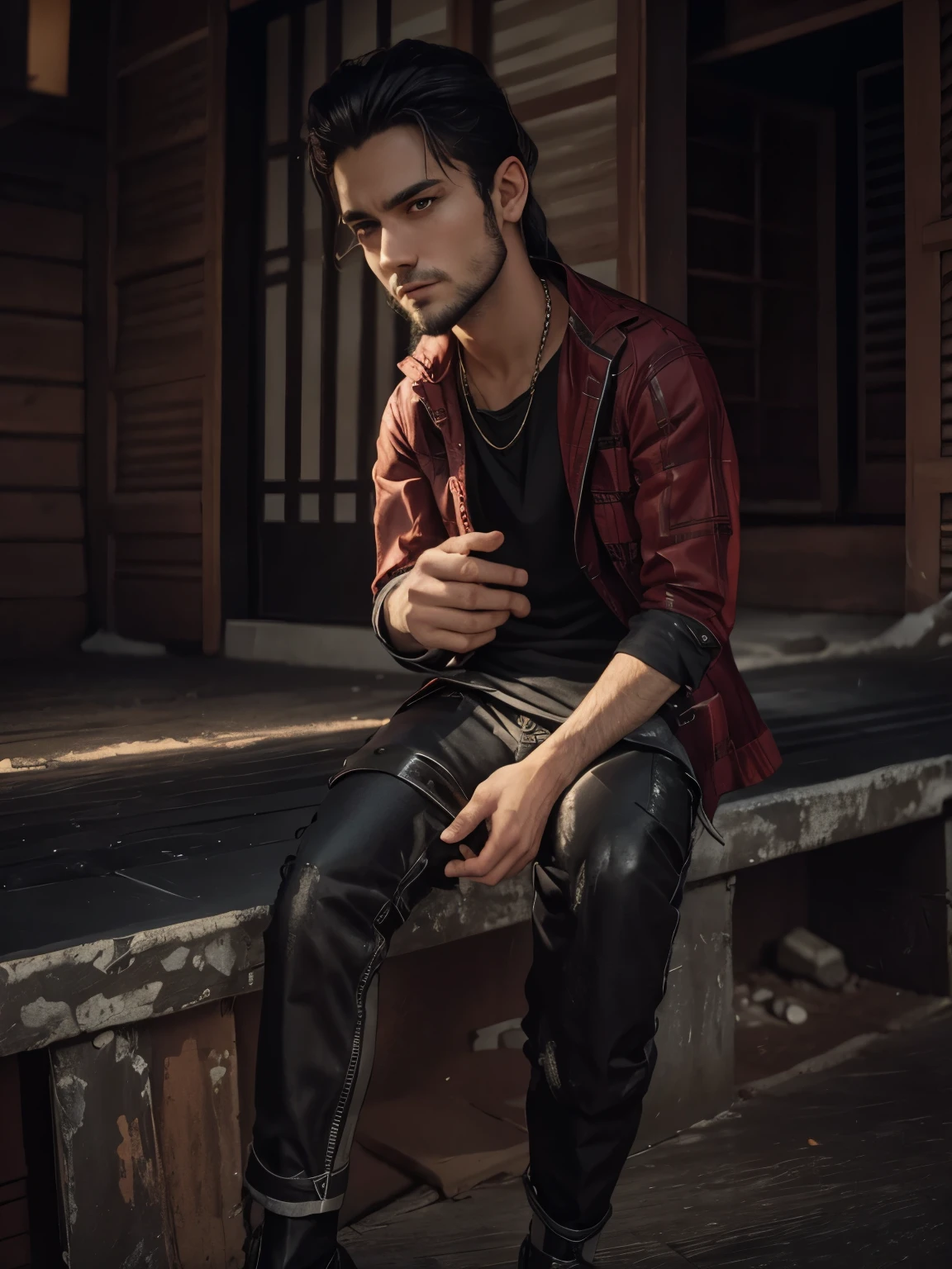 a handsome 22 years old male vampire hunter with ponytail black hair with short beard, pale skin, serious looking, wearing a red and black casual outfit and black pants, waist up shot, dynamic pose, ambient lighting, photo realism, intricate face detail, intricate hand details, highly detailed, vibrant colors, cinematic, high definition, trending on Artstation-style raw