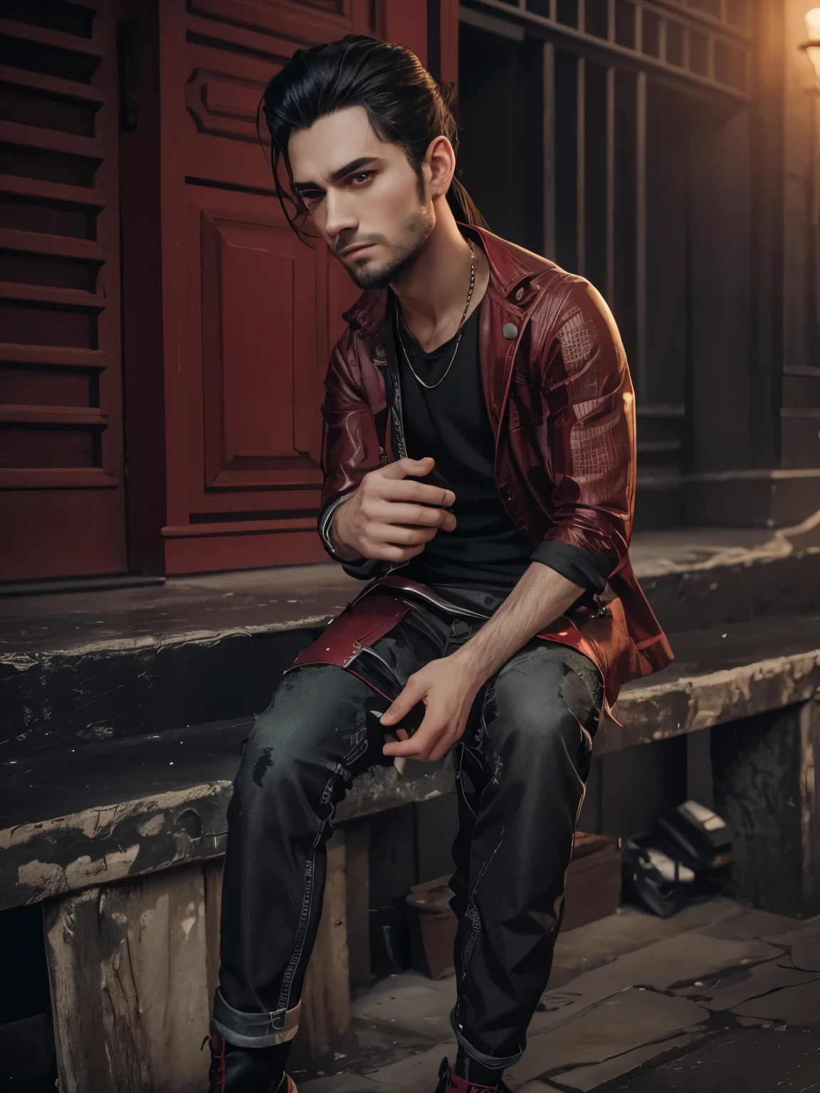 a handsome 22 years old male vampire hunter with ponytail black hair with short beard, pale skin, serious looking, wearing a red and black casual outfit and black pants, waist up shot, dynamic pose, ambient lighting, photo realism, intricate face detail, intricate hand details, highly detailed, vibrant colors, cinematic, high definition, trending on Artstation-style raw