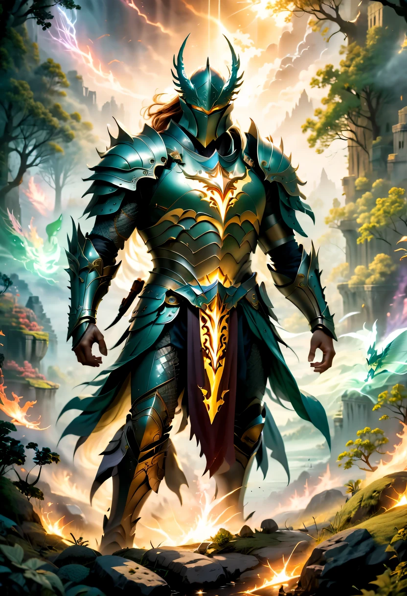 (best quality,4k,high resolution,masterpiece:1.2),actual,heroes in fantasy world,brave warrior,Detailed armor,sharp sword,majestic cape,magic,brave gesture,magical creatures,magic森林,hazy background,magical lights,bright colors,fantastic scenery,dramatic atmosphere,mysterious atmosphere,epic battle场面,ancient ruins,dangerous mission,mythology figure,Mysterious creature,Heroic deeds,dragon slayer,enchanted weapons,powerful,aura of light,sense of adventure,ethereal environment,Extraordinary power,stunning view,An unforgettable journey,final destiny,Legendary heroes,epic battle.