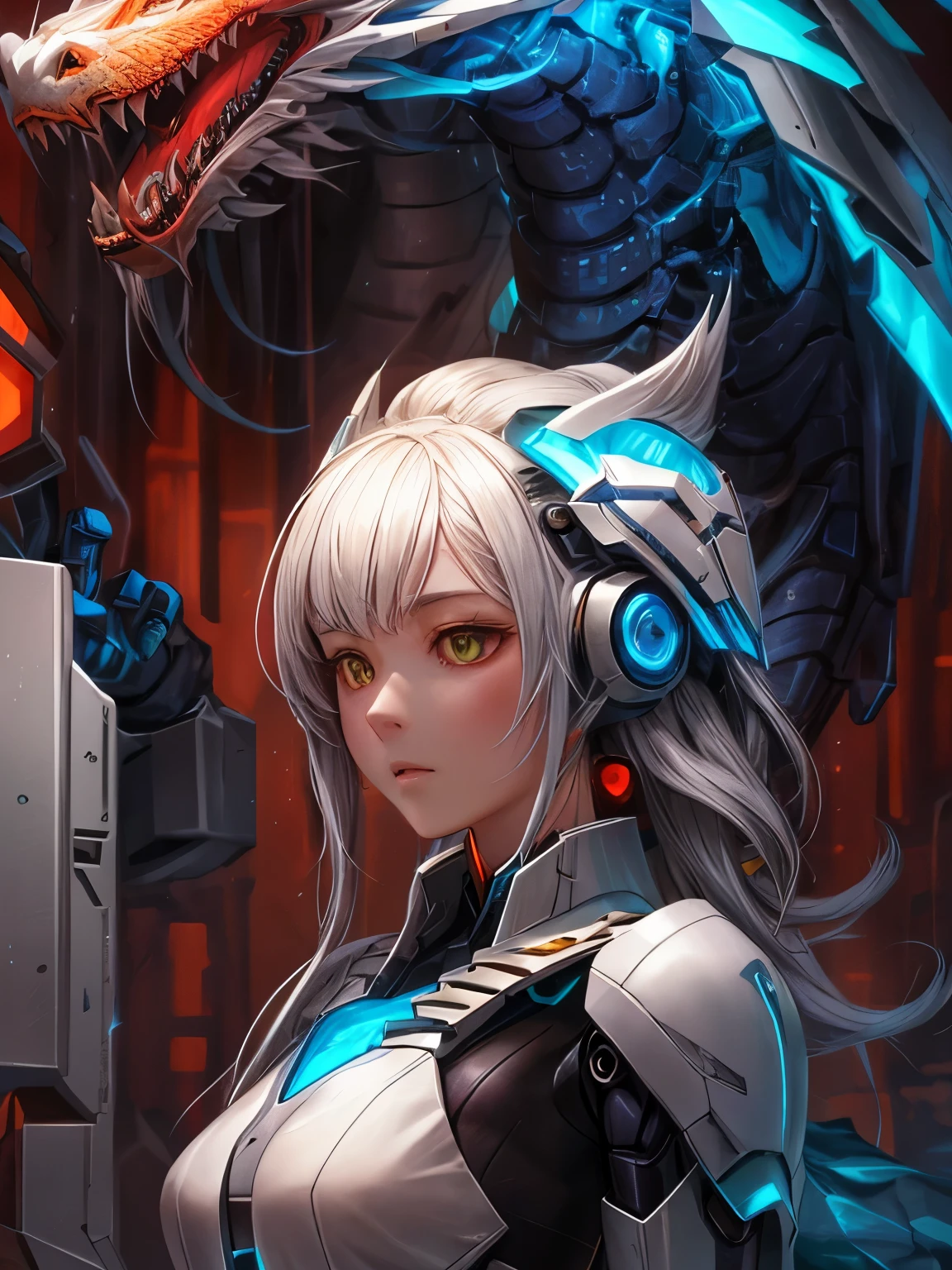 arafed woman in a white suit with a dragon head, robot mecha female dragon head, girl in mecha cyber armor, cyborg - girl with silver hair, sleek mecha female dragon head, dragon cyborg, chengwei pan on artstation, trending on cgstation, cgsociety and fenghua zhong, inspired by Leng Mei