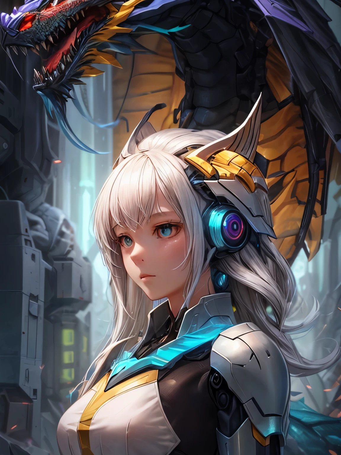 arafed woman in a white suit with a dragon head, robot mecha female dragon head, girl in mecha cyber armor, cyborg - girl with silver hair, sleek mecha female dragon head, dragon cyborg, chengwei pan on artstation, trending on cgstation, cgsociety and fenghua zhong, inspired by Leng Mei