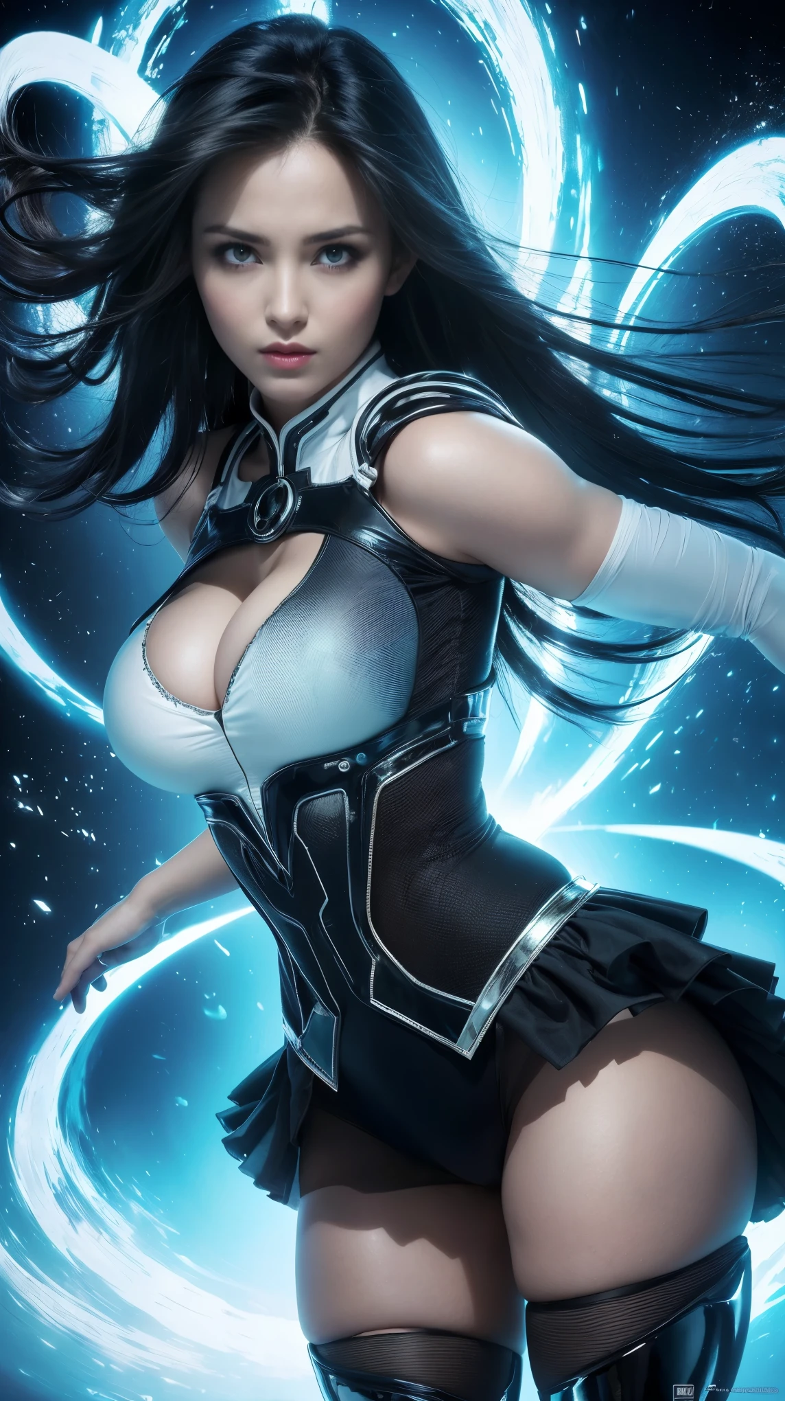 ((mejor calidad)), ((obra maestra)), (detallado: 1.4), ..3D, una imagen de una hermosa mujer ojos azules con traje de Invisiblewoman con cabello grueso Pechos grandes con disparos y cola grande y voluminoso, light particules, Pure energy, caos, antitech, HDR (High Dymanic Range), Trazado de rayos ,NVIDIA RTX, Super-Resolutio