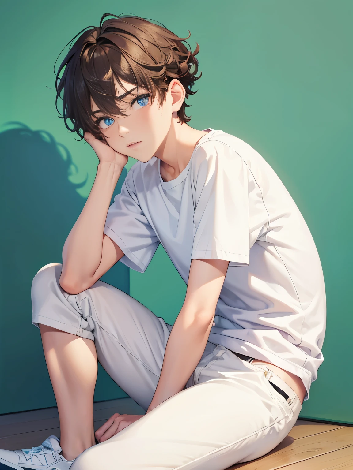 1boy,guy,Sit, face down, legs folded,full body,blue eyes,green screen background,18 years old,Curly hair,medium hair,undercut hairstyle,light brown hair,Plain t-shirt, white t-shirt,white trousers,ultra detail, perfect face, hd face, detailed face, masterpiece