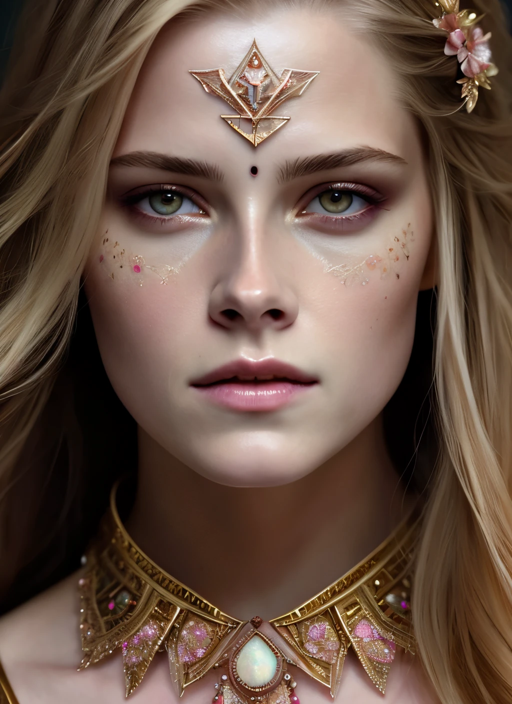 Looks like Kirsten Stewart, (symmetry:1.1) (portrait of floral:1.05) a woman as a beautiful goddess, (assins creed style:0.8), pink and gold and opal color scheme, beautiful intricate filegrid facepaint, intricate, elegant, highly detailed, digital painting, artstation, concept art, smooth, sharp focus, illustration, art by greg rutkowski and alphonse mucha, 8k