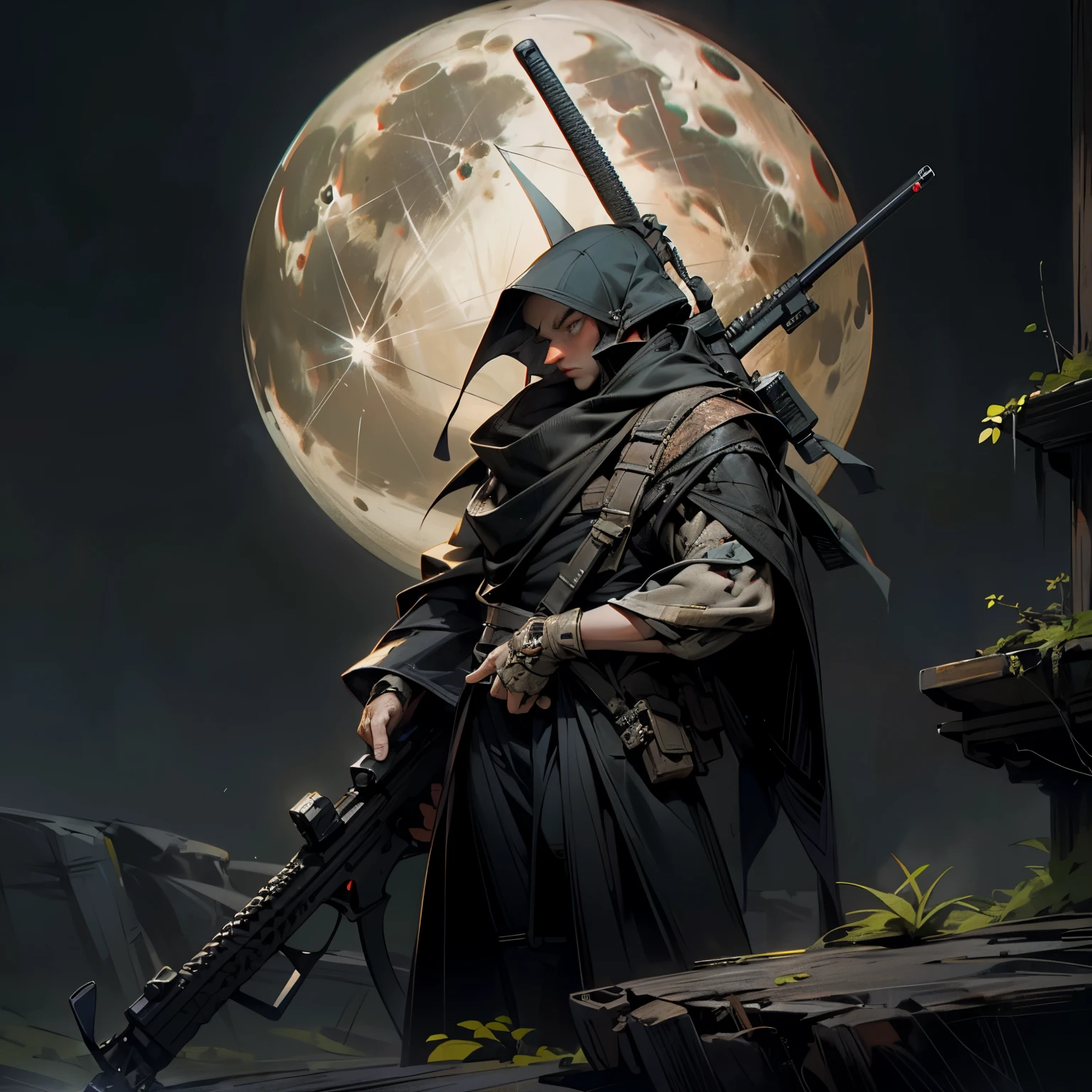 "Beneath the tranquil full moon, an enigmatic figure is depicted in this captivating cartoon image. Dressed in total darkness, he's only revealed by the piercing gleam of his sniper rifle's scope. The long-barreled weapon, a symbol of stealth and precision, is thoughtfully positioned against a rocky terrain. The hyper-realistic artwork exudes an eerie calmness, highlighting the stark contrast between the stillness of the night and the tense readiness of the solitary figure hidden in the shadows."