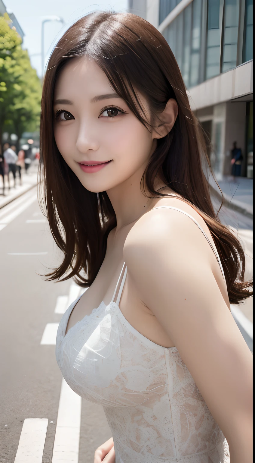 masutepiece, Best Quality, Illustration, Ultra-detailed, finely detail, hight resolution, 8K Wallpaper, Perfect dynamic composition, Beautiful detailed eyes, summer dress,Medium Hair, , Natural Color Lip, Random and sexy poses,le,Aoyama Street Walk、20 years girl、Cute