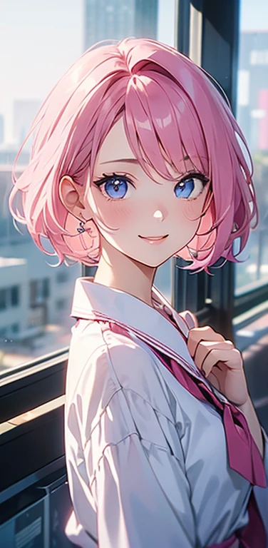 Realistic、1girl、fluorescence　pink hair、blue eyes、(eye focus:1.3,face focus:1.3,upper body:1.5),(gradient eyes:1.3),(blouse,No sleeve:1.3)、(口を開けて:1.3),(seductive smile:1.3),short hair、cute face,portrait,
