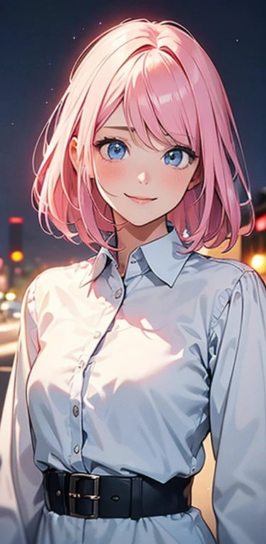 Realistic、1girl、fluorescence　pink hair、blue eyes、(eye focus:1.3,face focus:1.3,upper body:1.5),(gradient eyes:1.3),(blouse,No sleeve:1.3)、(口を開けて:1.3),(seductive smile:1.3),short hair、cute face,portrait,
