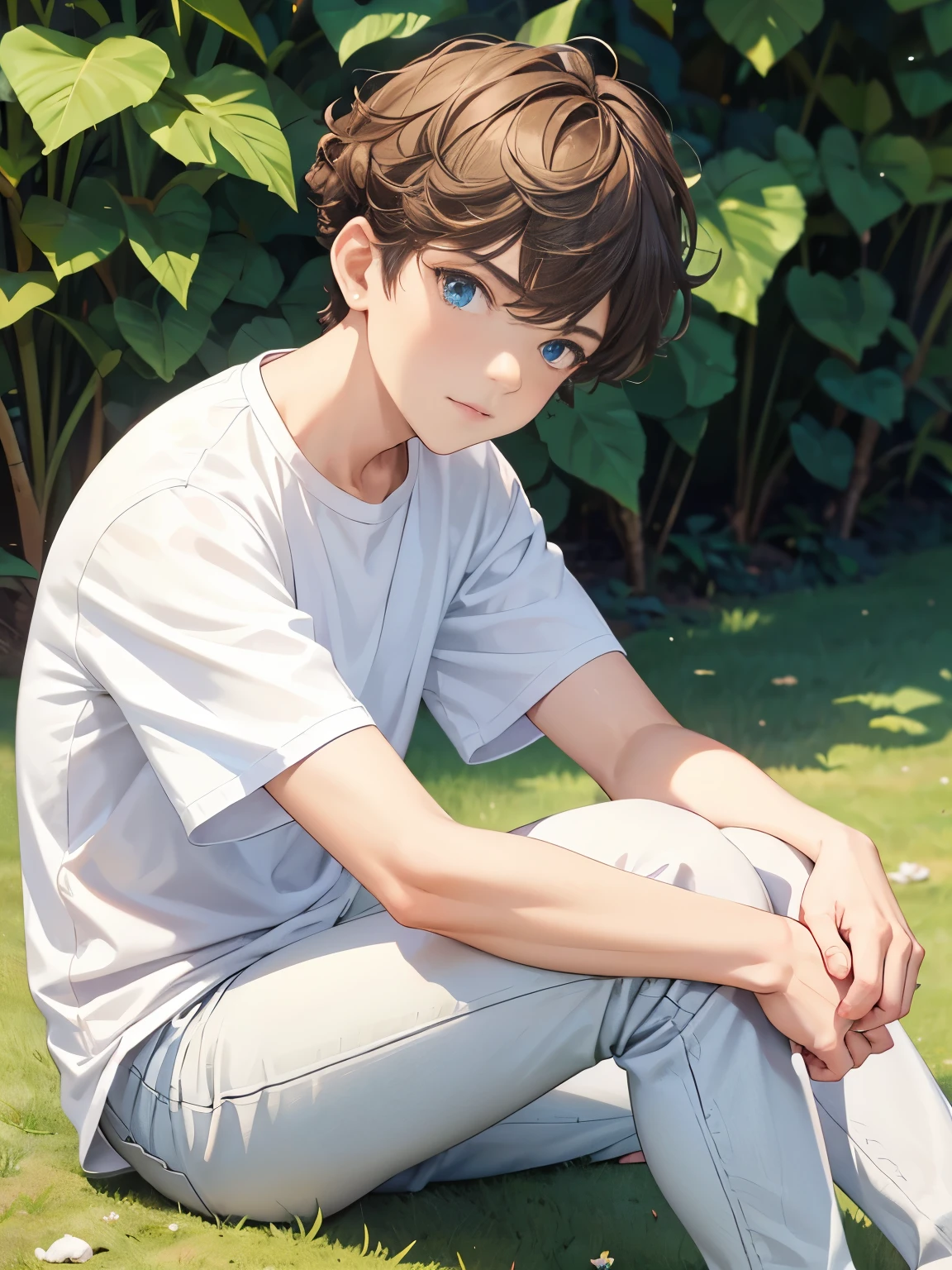 1boy,guy,Sit, face down, legs folded,full body,blue eyes,green screen background,18 years old,Curly hair,medium hair,undercut hairstyle,light brown hair,Plain t-shirt, white t-shirt,white trousers,ultra detail, perfect face, hd face, detailed face, masterpiece 