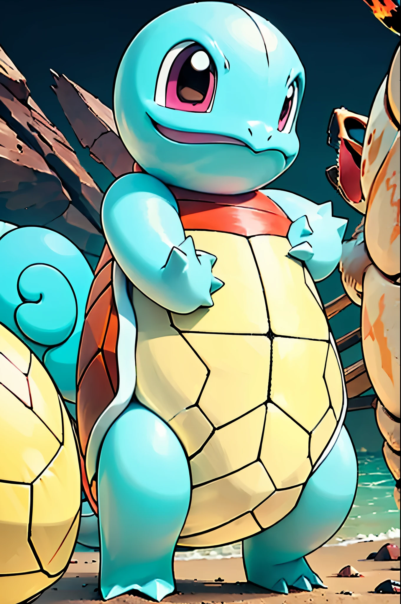 (masterpiece),(extremely detailed CG unity 8k wallpaper), Squirtle from the Pokemon series with a white wrap around his head, a shark tooth necklace, crossed arms and an angry expression