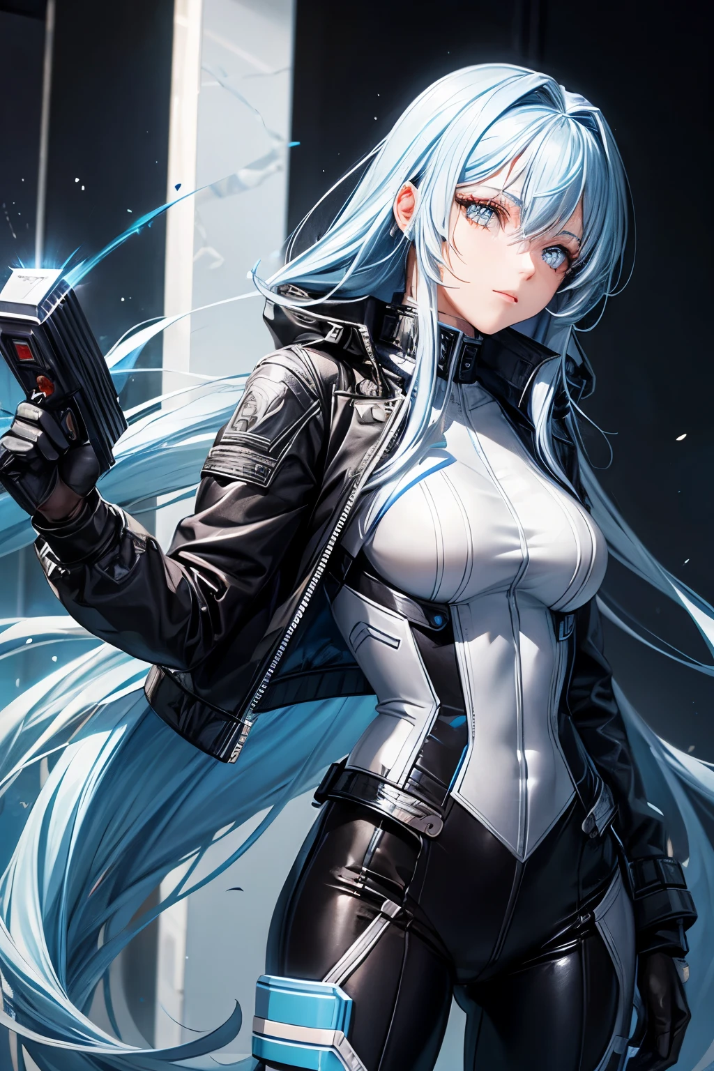 cute technician woman with long blue hair and narrow white eyes and a distinctive scar on her face in a gunmetal biker suit and an armored jacket