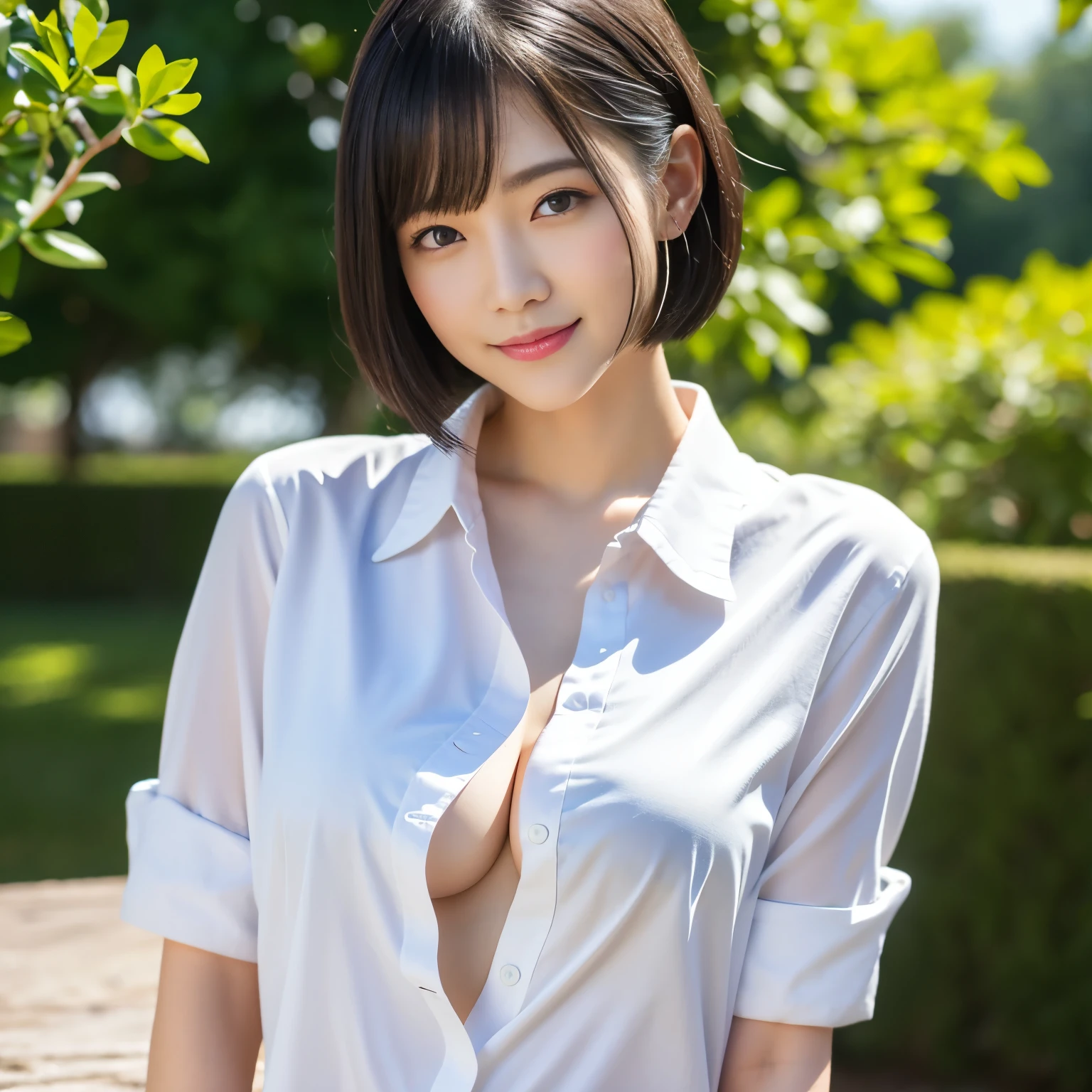 (highest quality、table top、8k、best image quality、Award-winning work)、One cute high school girl、alone、perfect beautiful composition、(Uniform shirt with full chest opening:1.1)、(unbutton your shirt、Fully exposes bare breasts:1.5)、(very short hair:1.1)、slender body、(A shy smile looks at me:1.1)、(strongly blurred park background:1.1)、natural makeup、Ultra high definition beauty face、ultra high definition hair、Super high-definition sparkling eyes、(Pure white skin that shines with ultra-high resolution:1.1)、Super high resolution glossy lips、accurate anatomy、ultra high definition hair、(very bright:1.1)