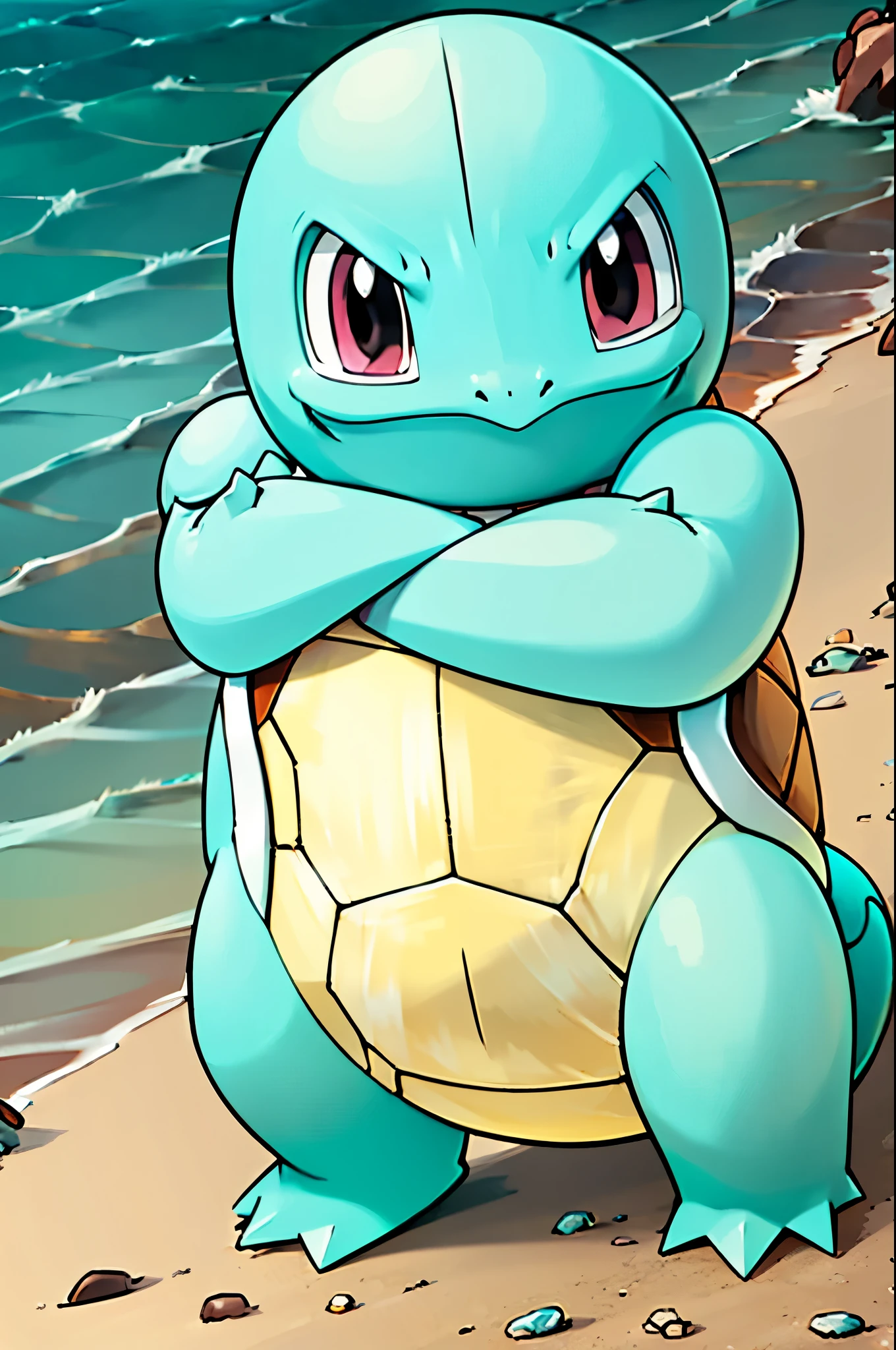 (masterpiece),(extremely detailed CG unity 8k wallpaper), Squirtle from the Pokemon series with a white wrap around his head, a shark tooth necklace, crossed arms and an angry expression