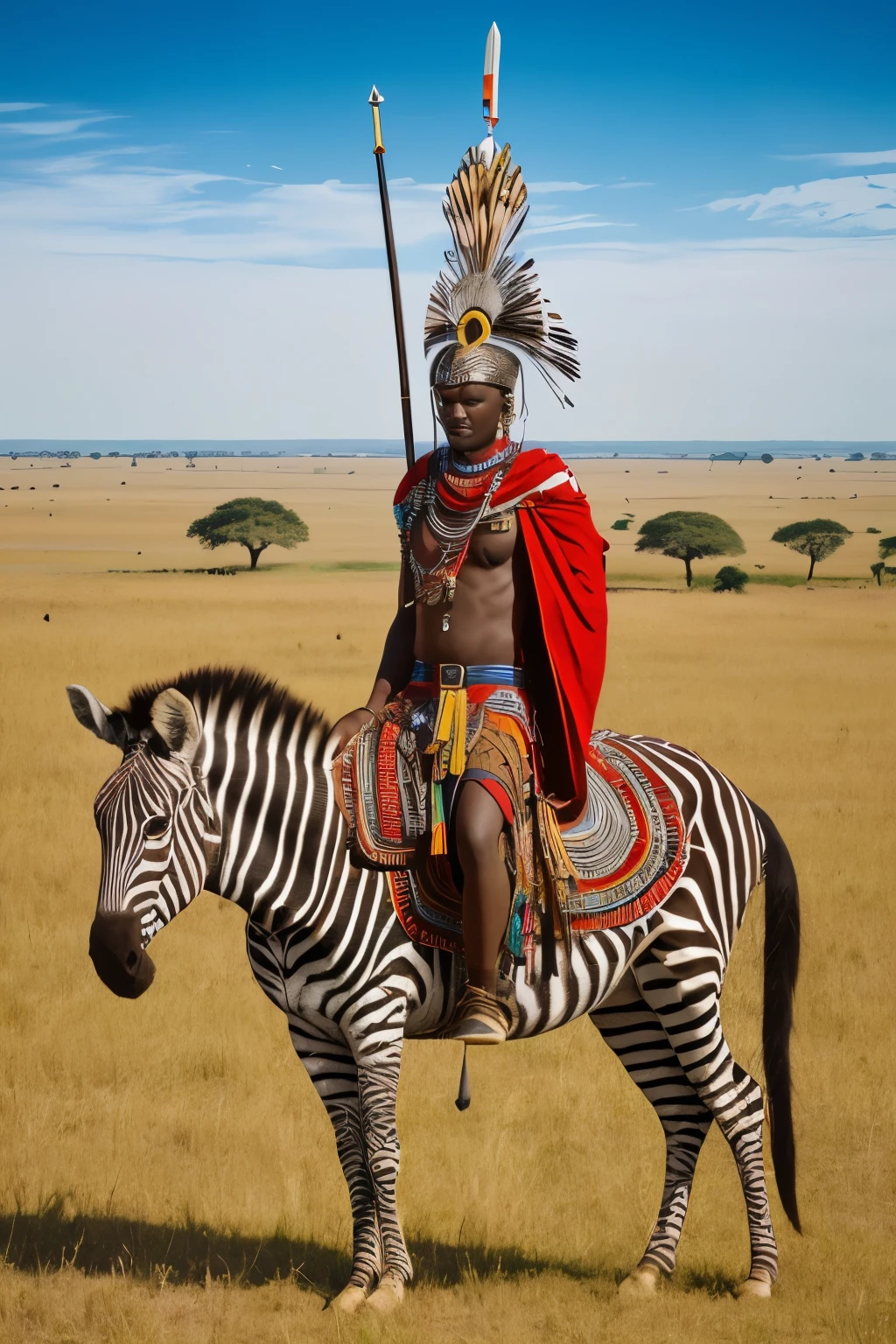 Tribes Riding Zebra Zebra standing in a field with a man dressed in native clothing - SeaArt AI