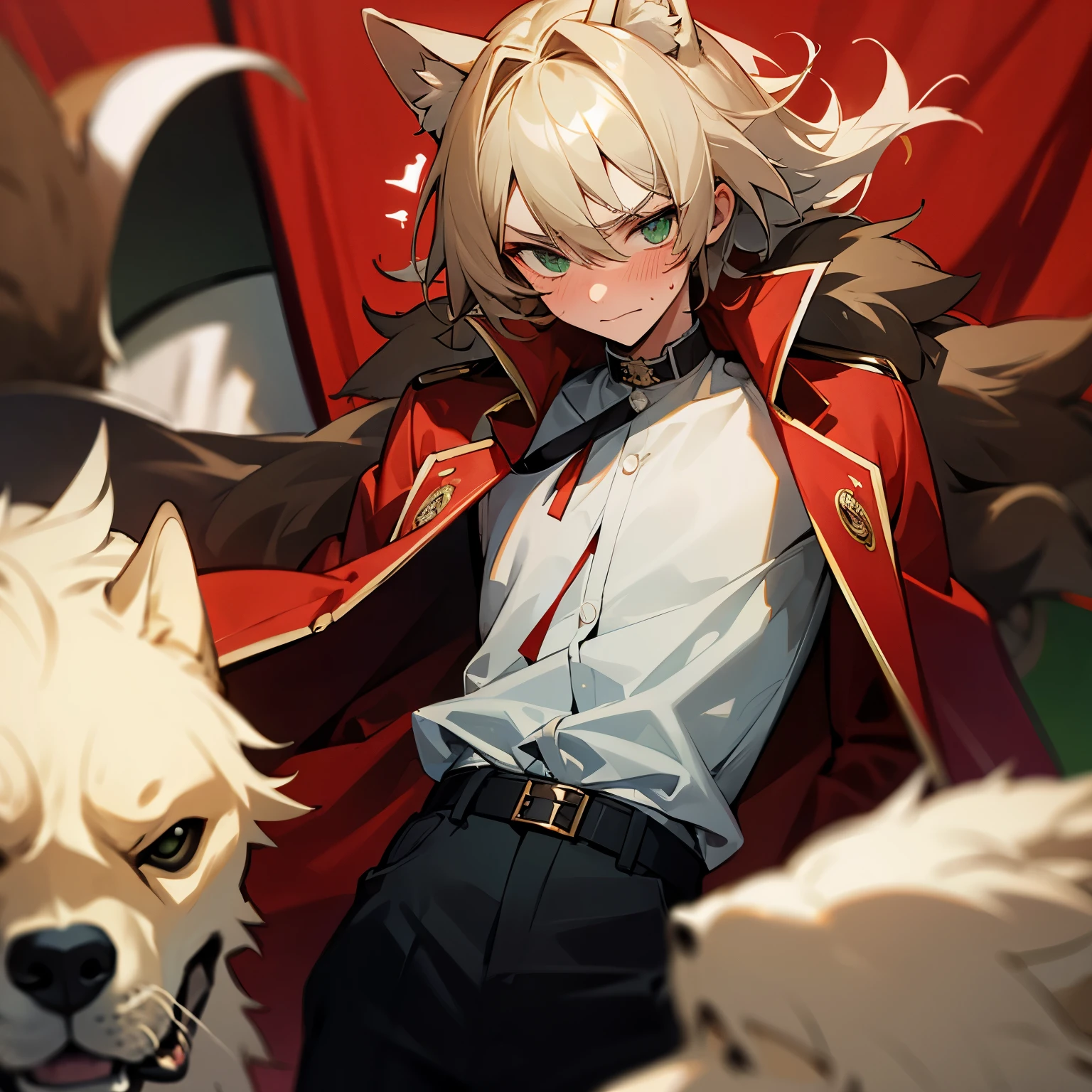 highest quality, ultra high resolution, furry、dog、1 boy, Red coat、 green eyes, short and slender body, Wearing a shirt, ((embarrassed look)),