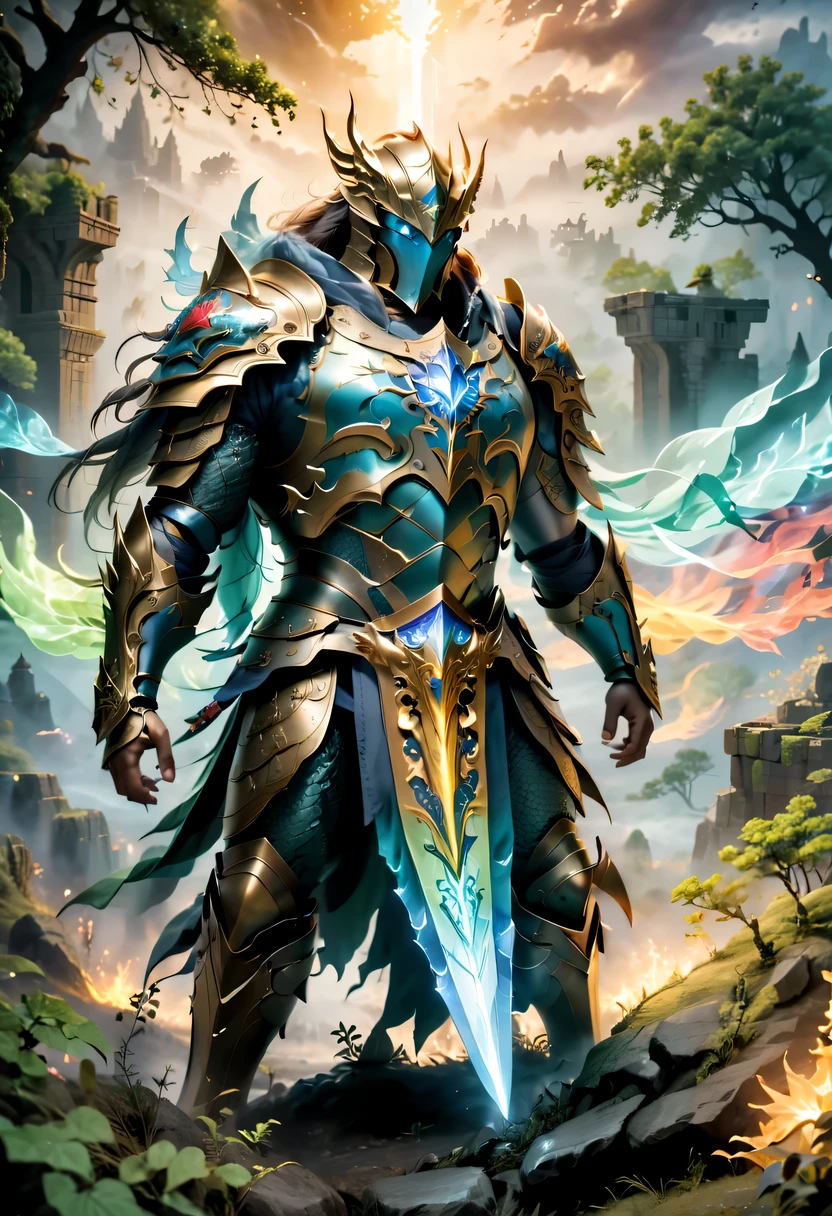 (best quality,4k,high resolution,masterpiece:1.2),actual,heroes in fantasy world,brave warrior,Detailed armor,sharp sword,majestic cape,magic,brave gesture,magical creatures,magic森林,hazy background,magical lights,bright colors,fantastic scenery,dramatic atmosphere,mysterious atmosphere,epic battle场面,ancient ruins,dangerous mission,mythology figure,Mysterious creature,Heroic deeds,dragon slayer,enchanted weapons,powerful,aura of light,sense of adventure,ethereal environment,Extraordinary power,stunning view,An unforgettable journey,final destiny,Legendary heroes,epic battle.