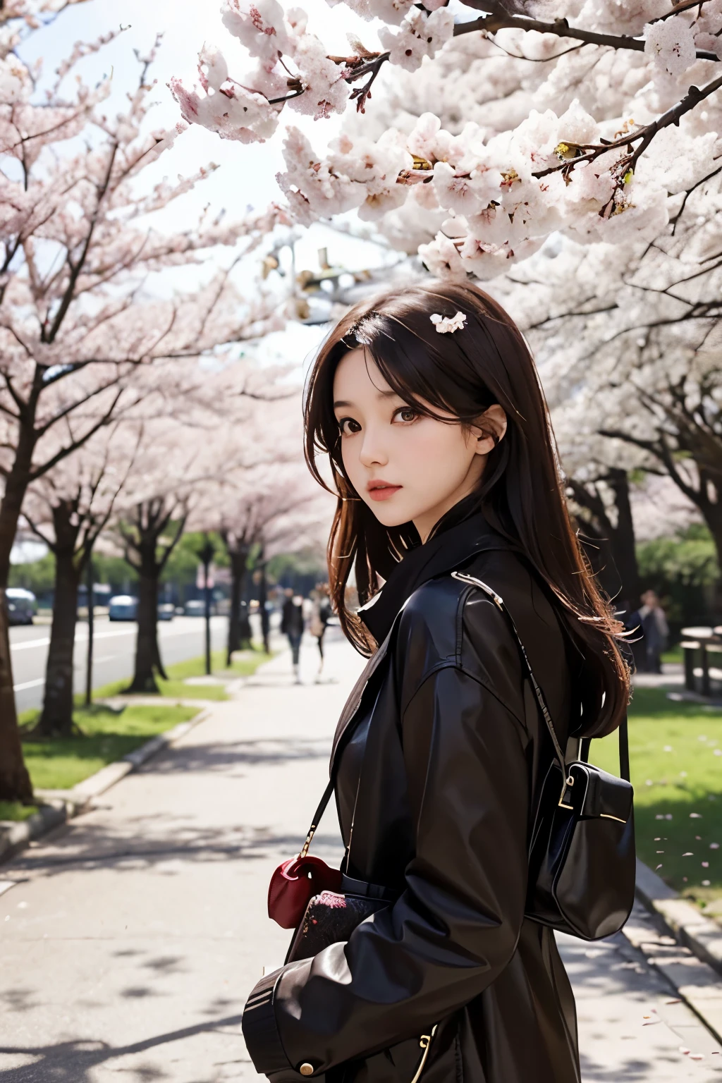 The camera captures a woman standing under a cherry tree. she is looking at the camera. The woman is in her twenties and has dark brown hair. Women are wearing modern fashionable clothes. The cherry blossoms are scattered by the wind.