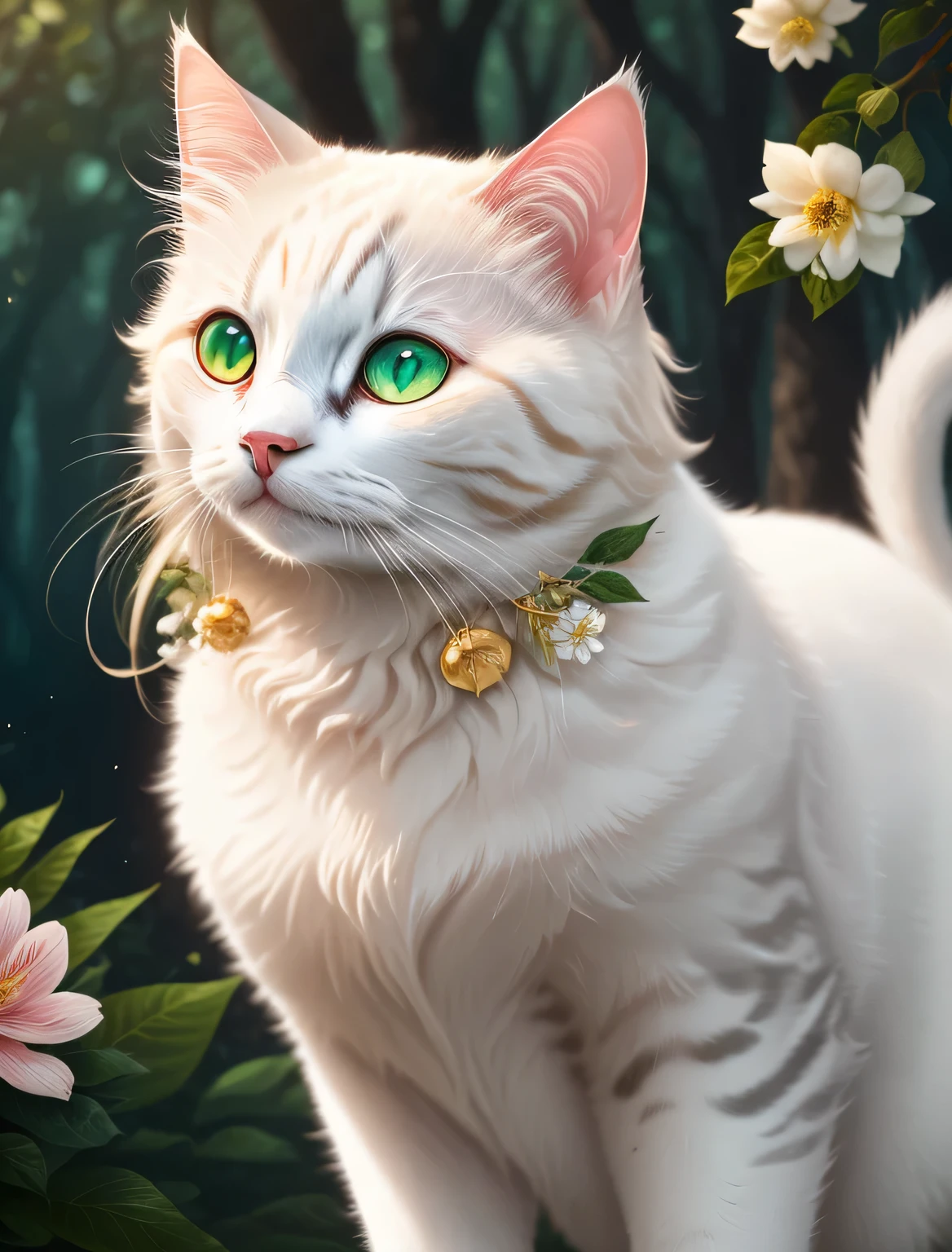 8k, high resolution, best quality, high detail, masterpiece, , (Detailed face), (Detailed hair), soft light, go through ,Pure white cat,green eyed cat,white long hair cat,Flower sea decoration,forest background,Background decoration green main color,Cat wearing golden flower headdress,