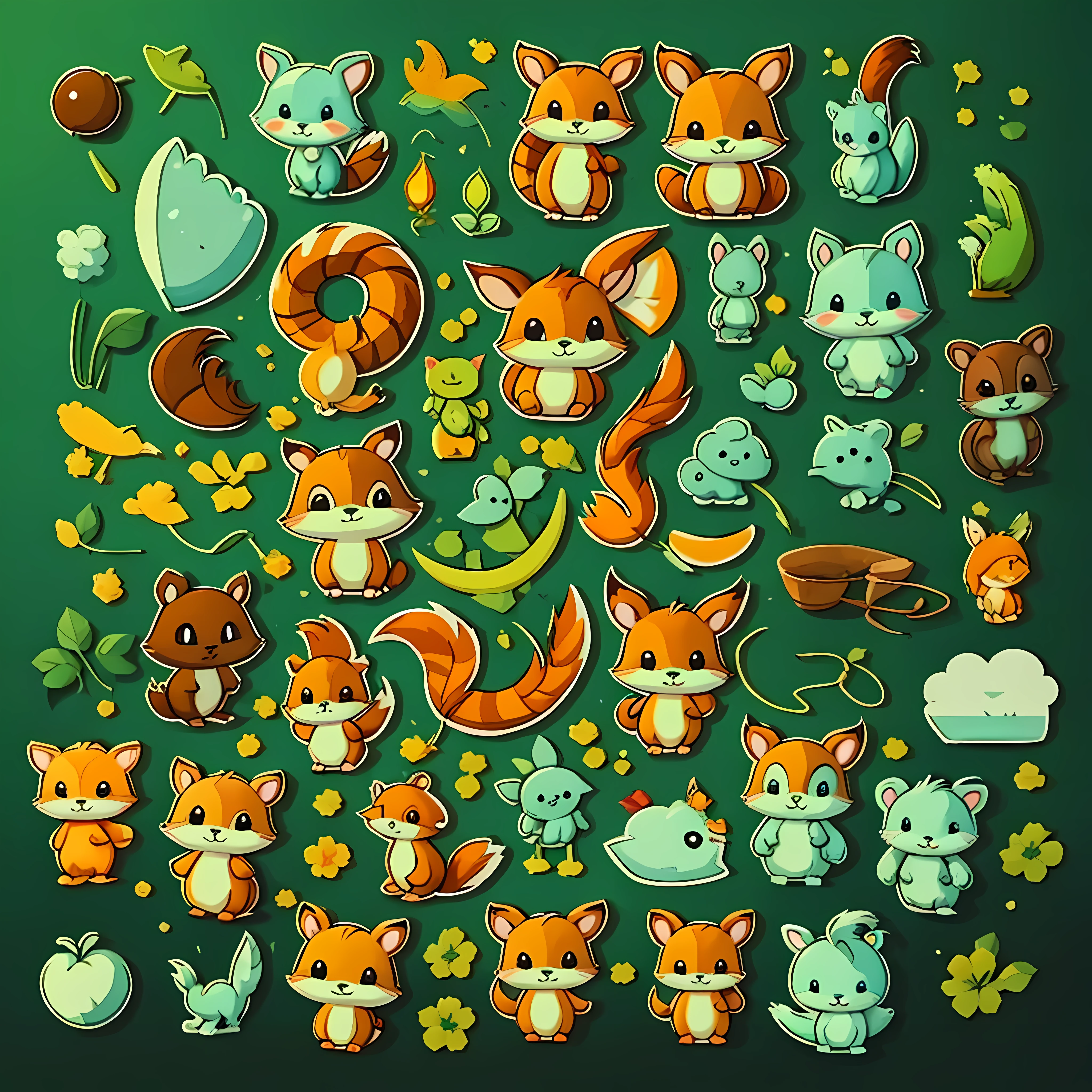 stickers, stick figures, cute squirrels, light green background, static background, character focus with low saturation