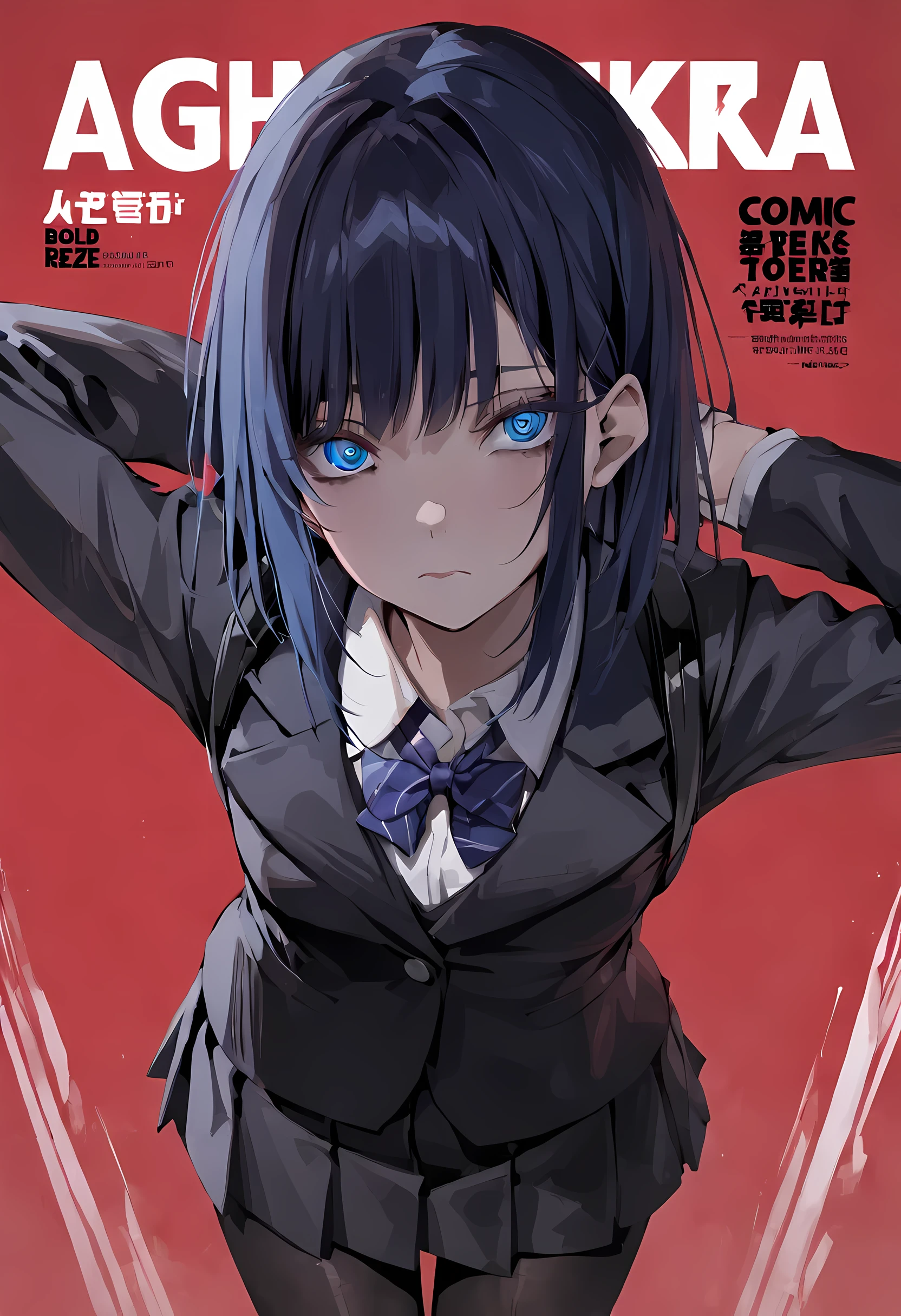 masterpiece, best quality, reze, detailed eyes, hands behind head:1.2, perfect hands, (magazine cover, bold letters, striking bold font, comic cover), wearing black backpack, cool expression, medium shot, 1girl, solo, negative space, red background, red background, wearing black backpack, a girl in a school uniform, detailed blue eyes:1, half closed eyes, detailed eyelashes, sharp eyes, dark royal blue hair, medium length hair, hair behind ear, side bangs, (black blazer, black pleated skirt, black tights), simple, facing viewer, manga illustration-style, bangs, 18 years old, rating: questionable, wearing black backpack, black straps:1, black blazer:1, long-sleeved blazer,
