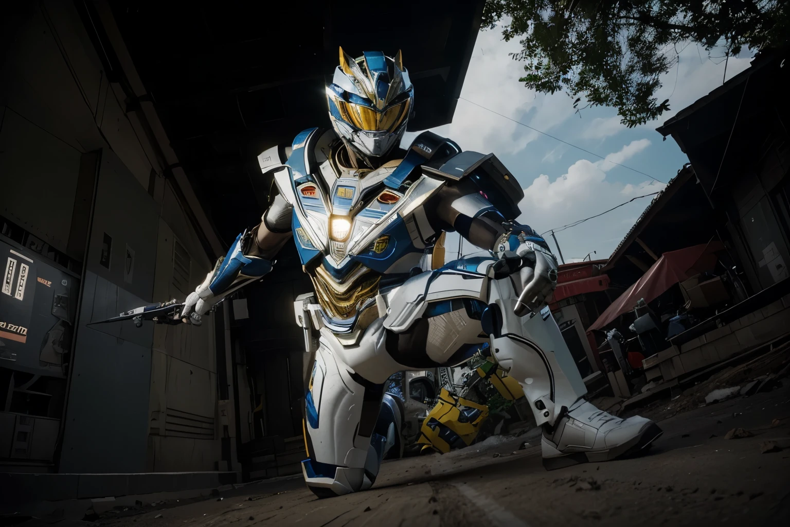 (Best quality, 8k, 32k, Masterpiece, UHD:1.2) "Generate a captivating AI artwork that transforms the image into a dynamic scene featuring a mighty Zord from Power Rangers. Envision the Zord as a colossal and awe-inspiring mechanical creature, intricately designed with vibrant colors and imposing stature. Place a Power Ranger, suited up and ready for action, standing confidently atop the Zord, conveying a sense of heroism and power. Implement dynamic angles and perspectives to showcase the enormity of the Zord, with attention to detail on its robotic features and armor. Utilize vivid and energetic colors to bring out the iconic aesthetics of Power Rangers. Ensure the overall composition radiates excitement and captures the essence of the epic battles seen in Power Rangers, blending futuristic technology with a touch of nostalgia."
