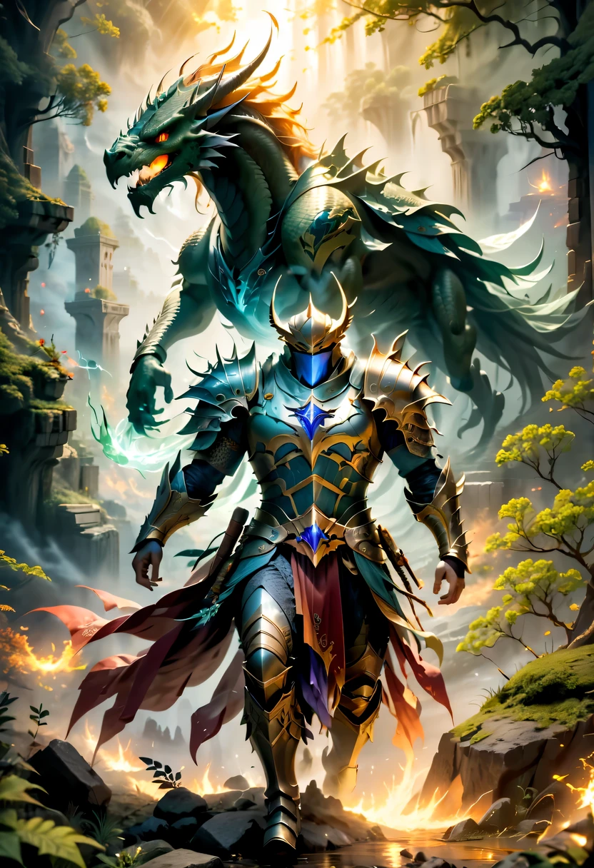 (best quality,4k,high resolution,masterpiece:1.2),actual,heroes in fantasy world,brave warrior,Detailed armor,sharp sword,majestic cape,magic,brave gesture,magical creatures,magic森林,hazy background,magical lights,bright colors,fantastic scenery,dramatic atmosphere,mysterious atmosphere,epic battle场面,ancient ruins,dangerous mission,mythology figure,Mysterious creature,Heroic deeds,dragon slayer,enchanted weapons,powerful,aura of light,sense of adventure,ethereal environment,Extraordinary power,stunning view,An unforgettable journey,final destiny,Legendary heroes,epic battle.