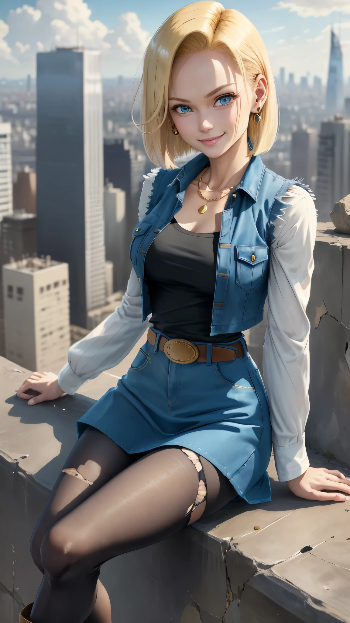 best quality, highres, and18, 1girl, android 18, solo girl, blonde hair, blue eyes, belt, boots, tight blue demin skirt, gold necklace, black shirt, short hair, long striped sleeves, earrings, open vest, denim vest, medium breasts, cowboy shot, city view, straight-on, (weather: windy), cute smile, full length pantyhose, battle ruins, sitting, torn clothes,