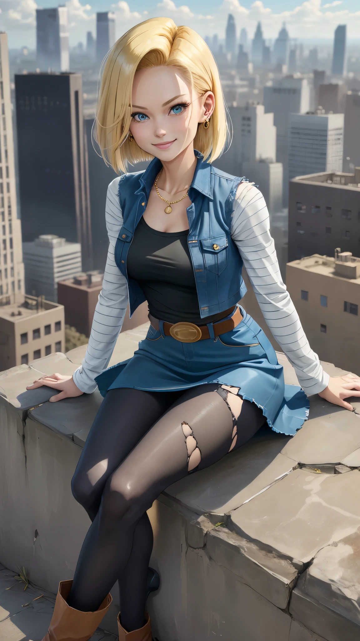 best quality, highres, and18, 1girl, android 18, solo girl, blonde hair, blue eyes, belt, boots, tight blue demin skirt, gold necklace, black shirt, short hair, long striped sleeves, earrings, open vest, denim vest, medium breasts, cowboy shot, city view, straight-on, (weather: windy), cute smile, full length pantyhose, battle ruins, sitting, torn clothes,