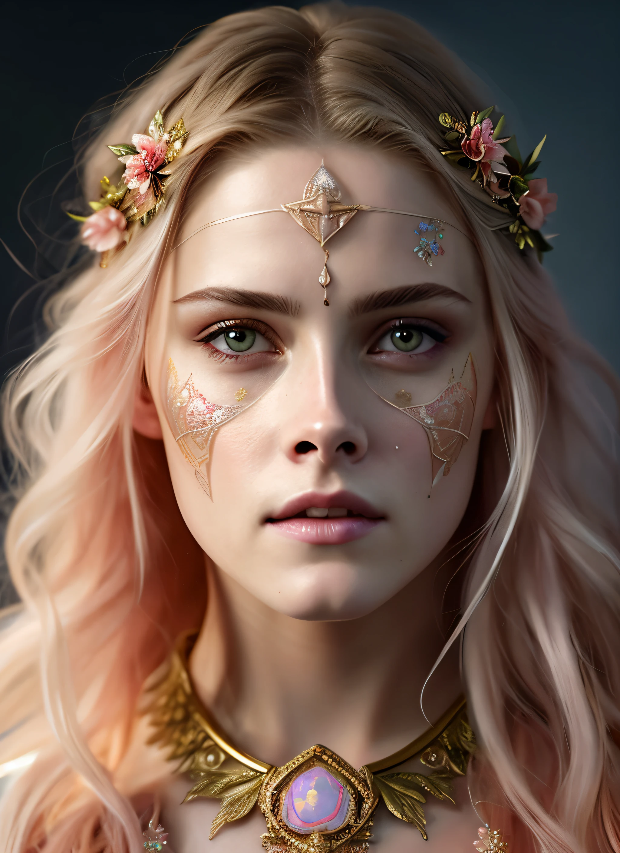 Looks like Kirsten Stewart, (symmetry:1.1) (portrait of floral:1.05) a woman as a beautiful goddess, (assassins creed style:0.8), pink and gold and opal color scheme, beautiful intricate filegrid facepaint, intricate, elegant, highly detailed, digital painting, artstation, concept art, smooth, sharp focus, illustration, art by greg rutkowski and alphonse mucha, 8k