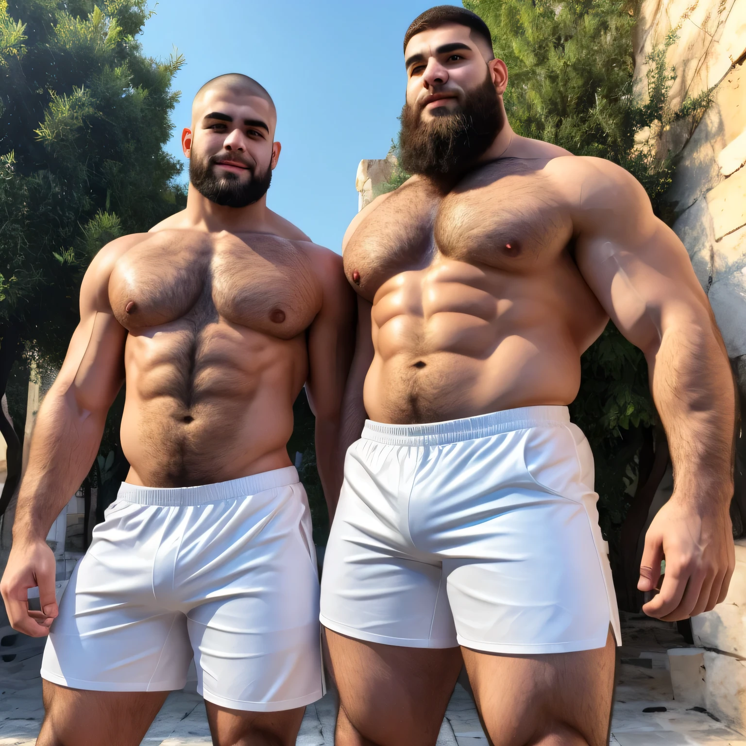 2 muscular, hairy men in their 20s with big, long, thick beards, short shaved head haircut, wearing tight white leather shorts with Athens in the background, ciel bleu clair