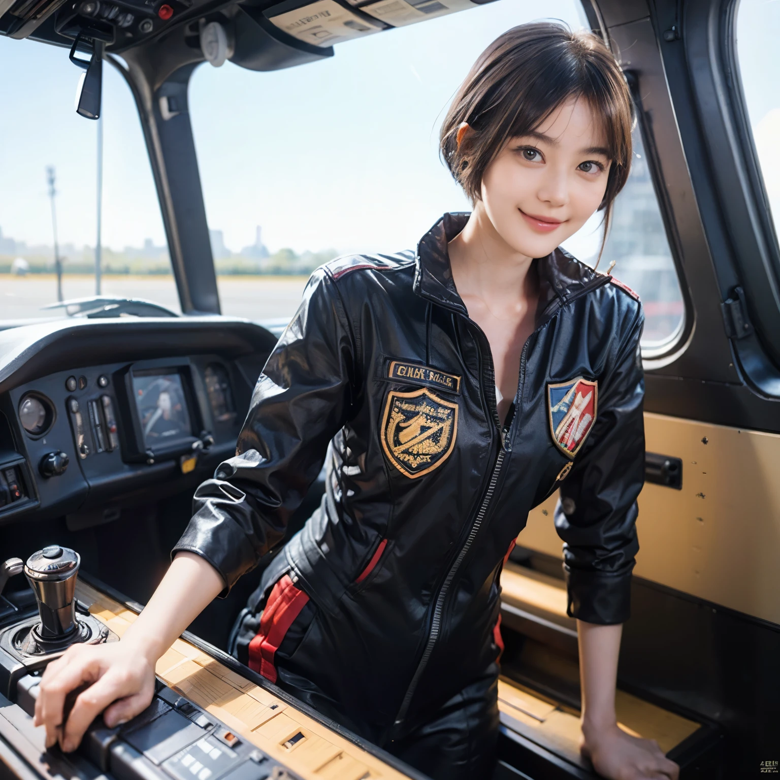 164
Shorthair,  (a 20 yo woman, standing), A hyper-realistic, gentle smile, sci-fi cool suit, (口紅),  in the cockpit of an old fashioned fighter aircraft