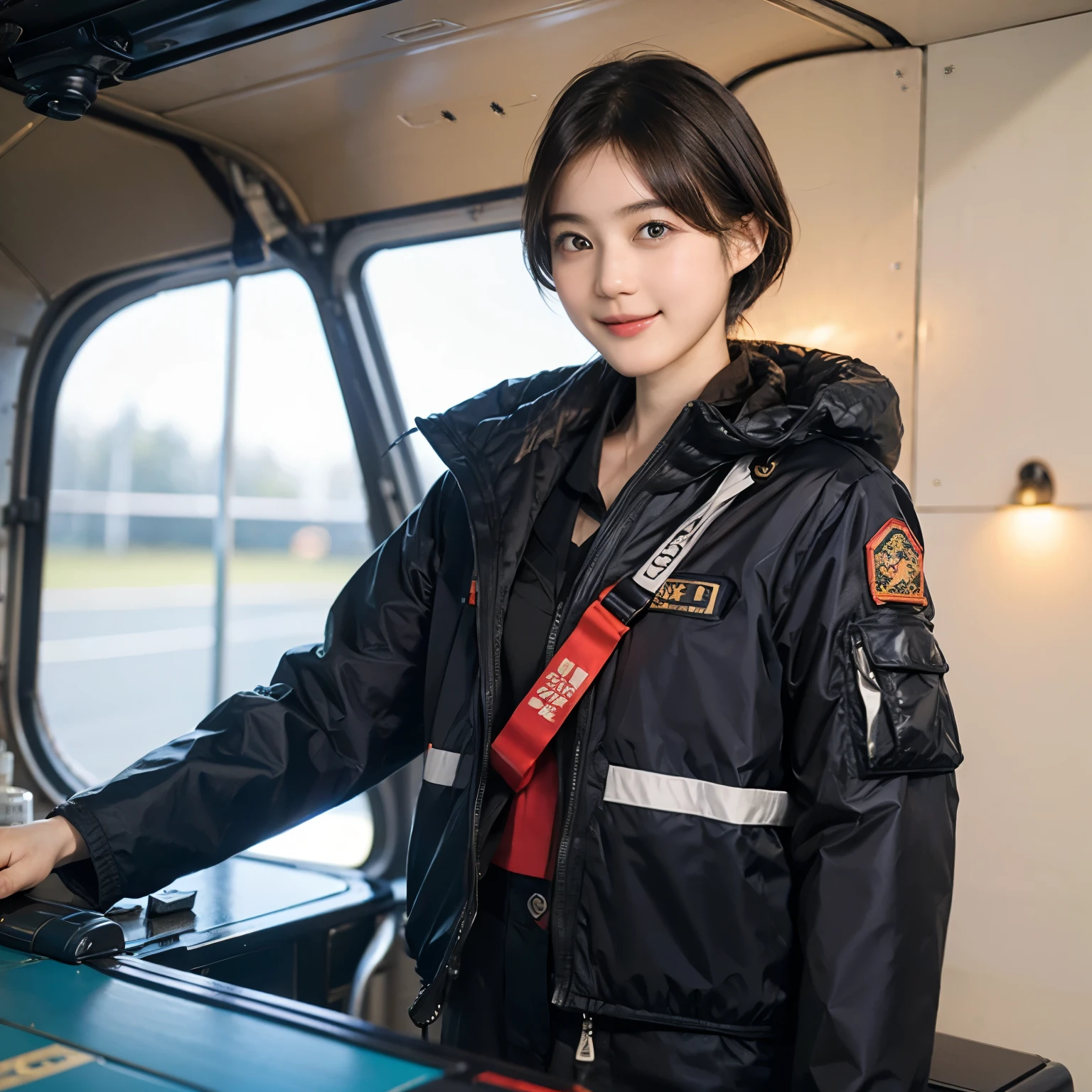 164
Shorthair, (a 20 yo woman, standing), A hyper-realistic, gentle smile, sci-fi cool suit, (口紅), in the cockpit of an old fashioned fighter aircraft