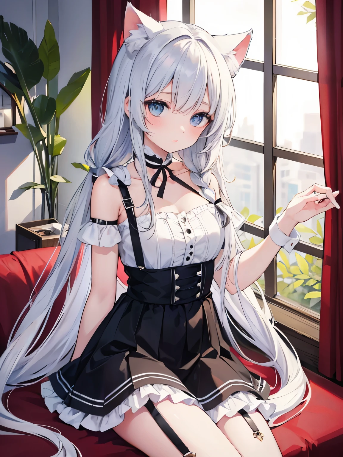 masterpiece, {{{{Highest quality}}}}, beautiful,1 girl, {{{White_long_hair}}}, {{{{One braid extending from the left side of the front hairline to the chest (one side only)}}}}, one side single braid, cat ears(White), cat tail(White), frilled choker、miniskirt_dress, bare_shoulders, garter belt,garter straps