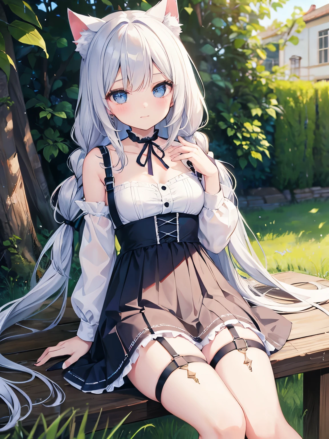 masterpiece, {{{{Highest quality}}}}, beautiful,1 girl, {{{White_long_hair}}}, {{{{One braid extending from the left side of the front hairline to the chest (one side only)}}}}, one side single braid, cat ears(White), cat tail(White), frilled choker、miniskirt_dress, bare_shoulders, garter belt,garter straps