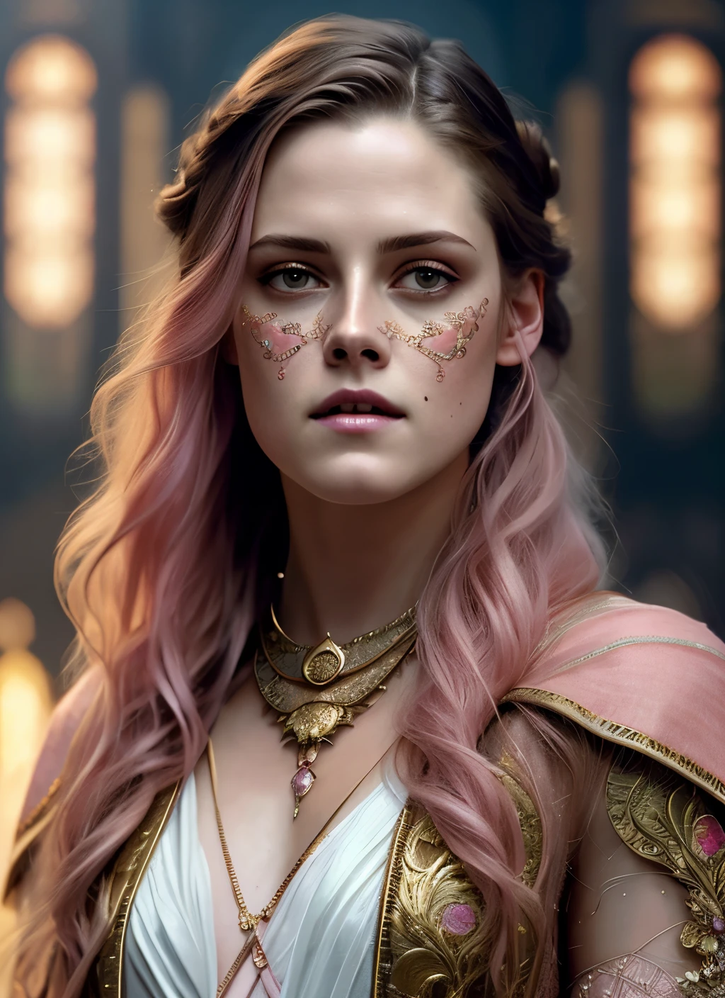 Looks like Kirsten Stewart, (symmetry:1.1) (portrait of floral:1.05) a woman as a beautiful goddess, (assassins creed style:0.8), pink and gold and opal color scheme, beautiful intricate filegrid facepaint, intricate, elegant, highly detailed, digital painting, artstation, concept art, smooth, sharp focus, illustration, art by greg rutkowski and alphonse mucha, 8k