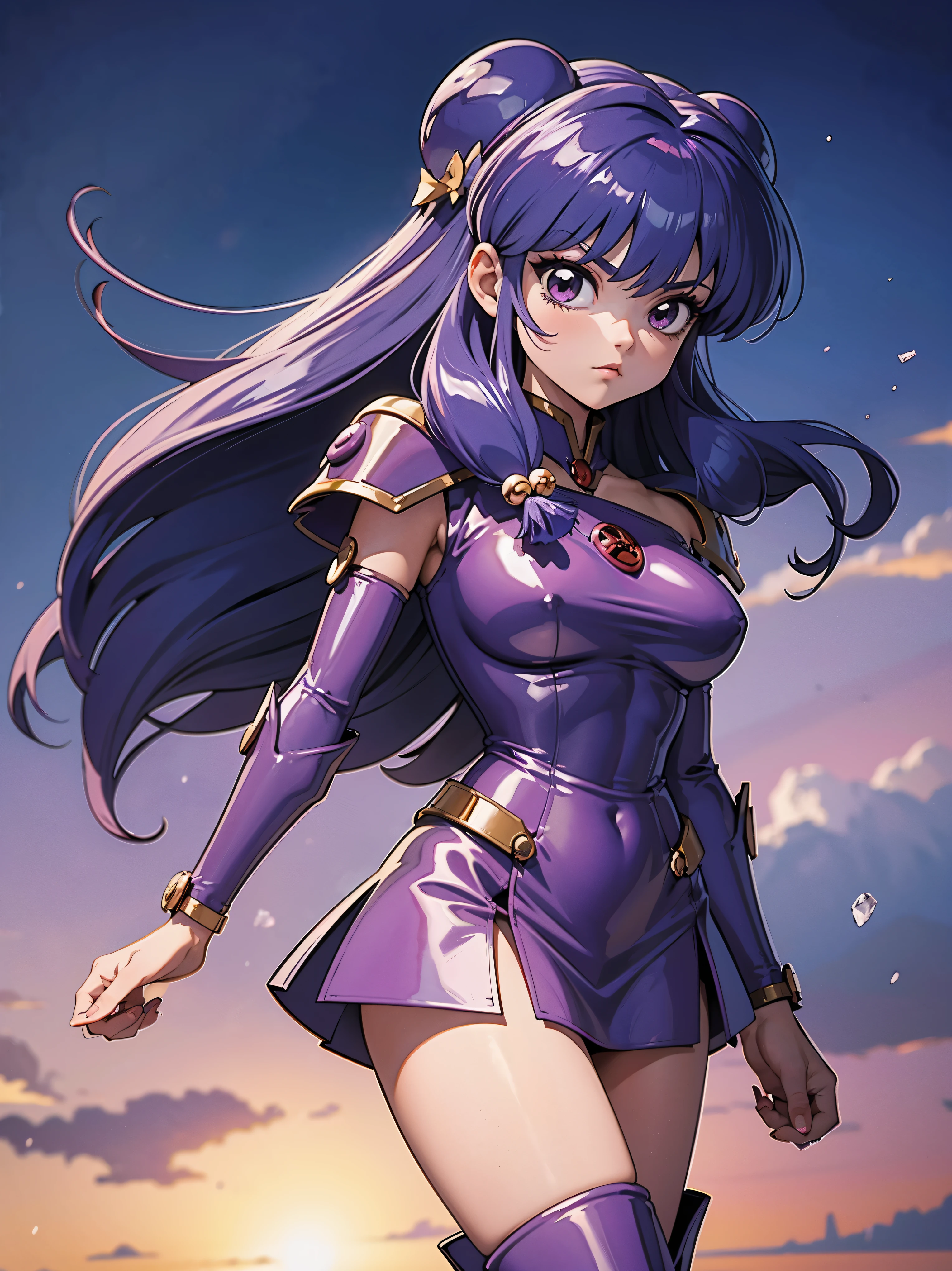 Purple hair anime girl with purple metallic armor, 16 anos, corpo bonito, seios grandes, postura de luta, postura de combate, garota sexy, purple hair with braid, beautiful lighting, sombras suaves, olhos azuis, pernas bonitas, estilo anime, personagem shampoo, Autora Rumiko Takahashi, Baseado em obra de Rumiko Takahashi, Anime Ranma 1/ 2, decote sexy, quadril robusto, corpo inteiro, corpo completo, busto grande, garota jovem com corpo belo e bonito, garota 16 anos jovem baixa estatura, purple metallic armor dress, garota anime, estilo anime, red hair with braid, luz bonita, Gleaming metal armor, corpo completo, black boots on feet, purple hair, segurando espada nos ombros, 45º viewing angle, botas longas nos pes, botas pretas