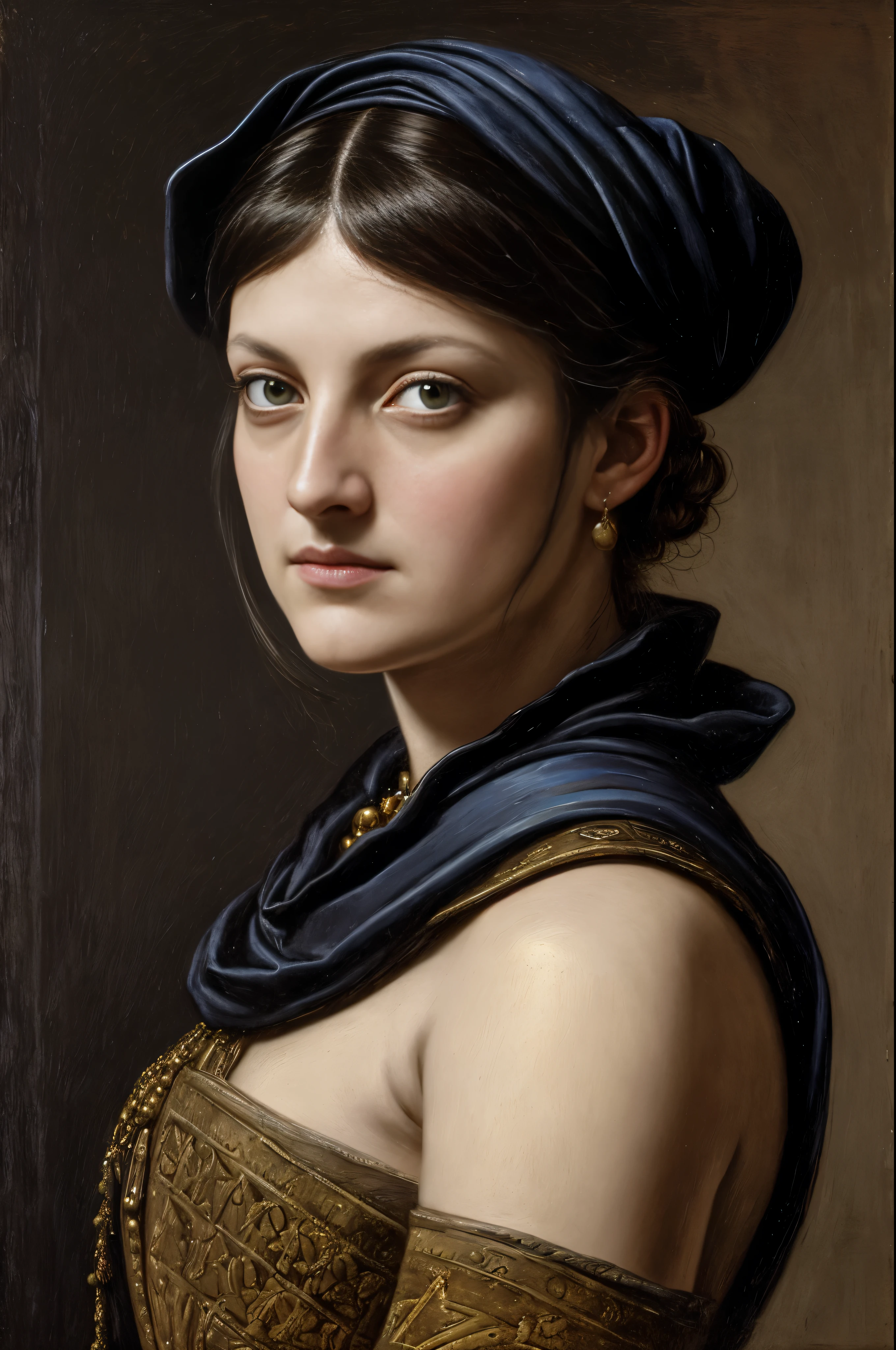 Looks like Elisabeth Moss, 45 years old Woman, thick attractive figure, A Spanish soldier in a conquistador outfit stands proudly, her slender frame almost gaunt beneath the medieval aesthetics of the day. With shoulder-length black hair cascading down her back, she wields a sword and shield while a sinister smile plays on her lips. Her piercing purple eyes reveal a depth of field that is both sharp and highly detailed, capturing the intricate details of her sharp facial features. With sunken eyes and a scar over her left cheek, she eschews a helmet or hat, allowing her jet black hair to frame her face in baroque style. Her rage is palpable in her angry, ragged eyes as if ready for battle. This detailed oil painting, infused with Glazing, Tenebrism, and scumbling techniques, recalls the masterpieces of Rembrandt and Artemisia Gentileschi.