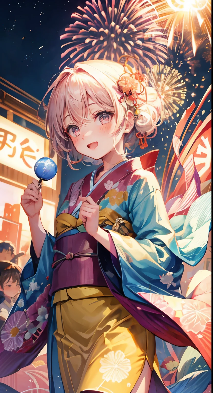 Fireworks in the background,a girl,Wearing a kimono,night,Lively market,gentle smile,shy,blush,Hayao Miyazaki style