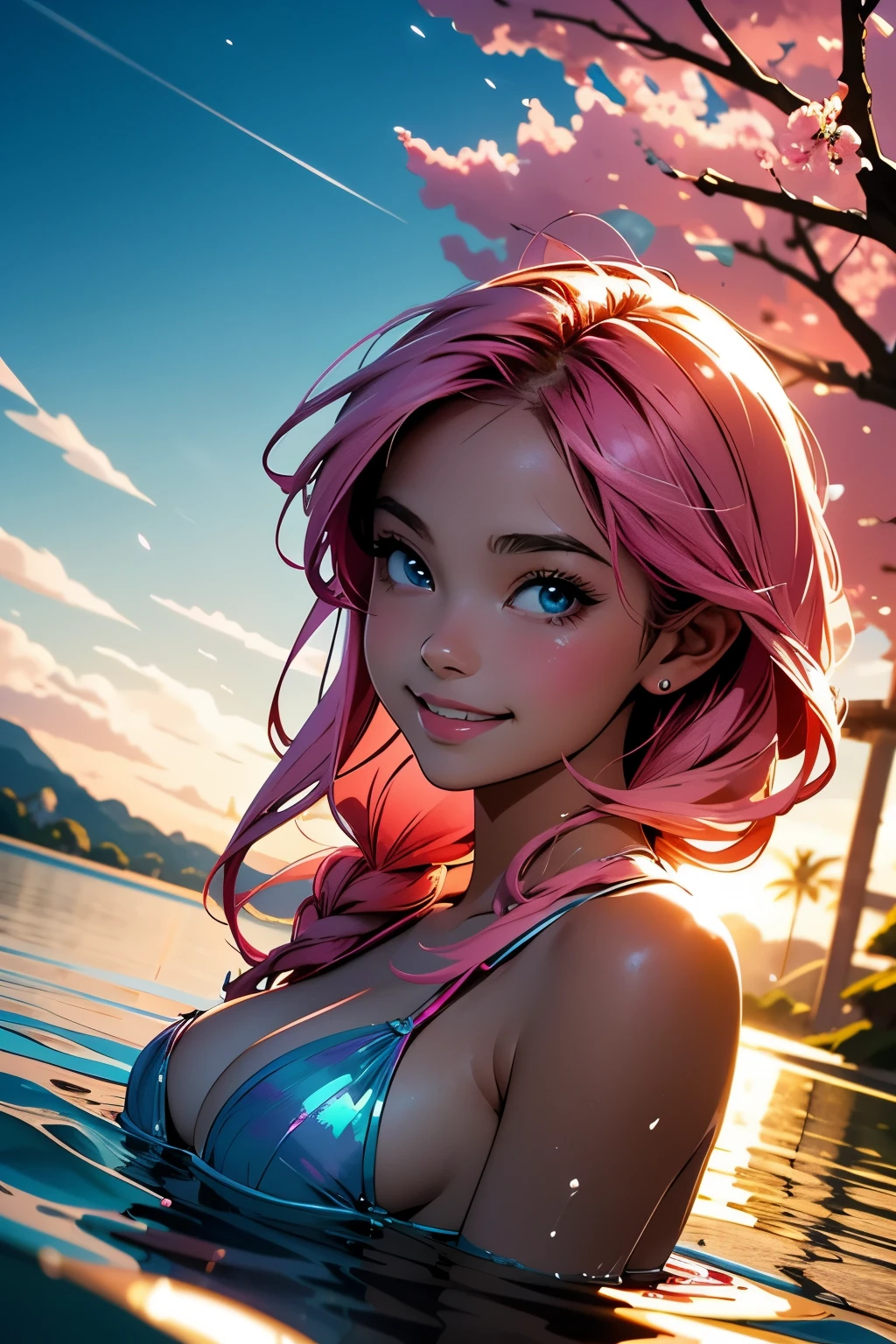 1 girl, perfect face, cute face, cute smile, floating on a lake, laying on back in water, iridescent long hair, pink cherry blossoms floating on water, crystal clear water, wearing swimsuit, ripples in the water, golden hour, warm glow, cinematic lighting, beautiful scenery, flat colors, cel shading, (anime:1.4)